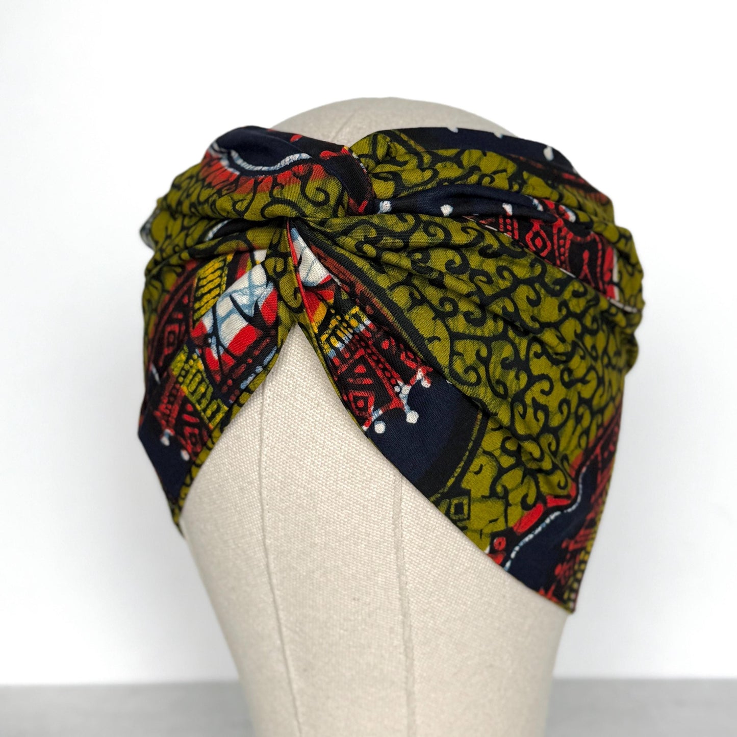 Extra Wide Adjustable Wire Wrap, Ankara Wired Headband, Olive Green Navy Blue African Fabric Head Wrap, Ankara Afro Boho Turban, Bandana