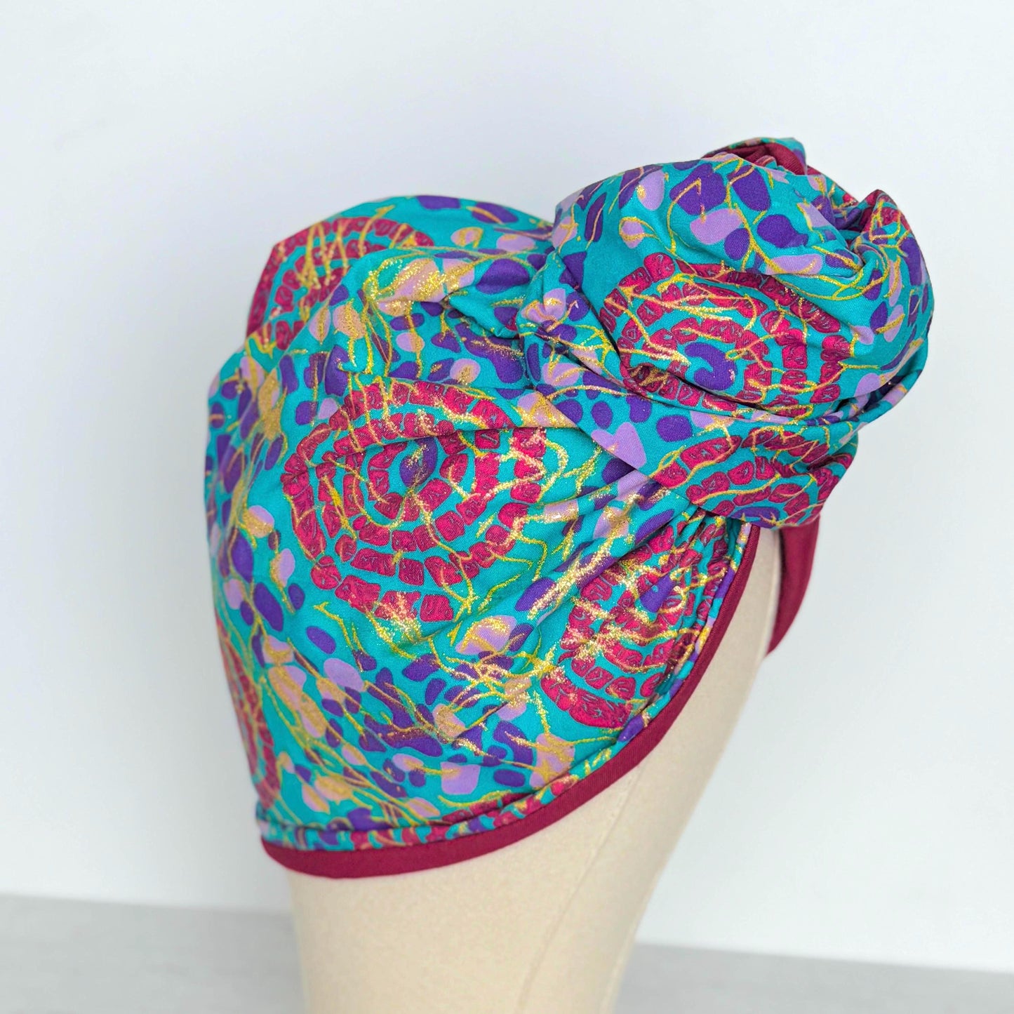 Full Turban Wire Headband, Reversible Extra Wide Teal Magenta African Ankara Print Wired Headband, Fabric Head Wrap, Afro Boho Accessories