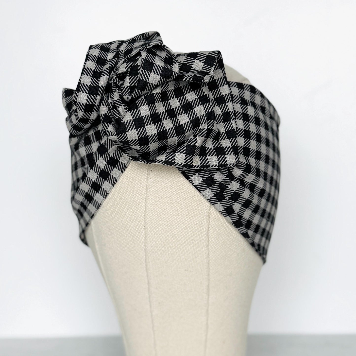 Extra Wide Adjustable Wire Headband, Black Grey Plaid Print, Boho Wired Headband, Fabric Head Wrap, Turban, Gift for Her, Bendable Scarf