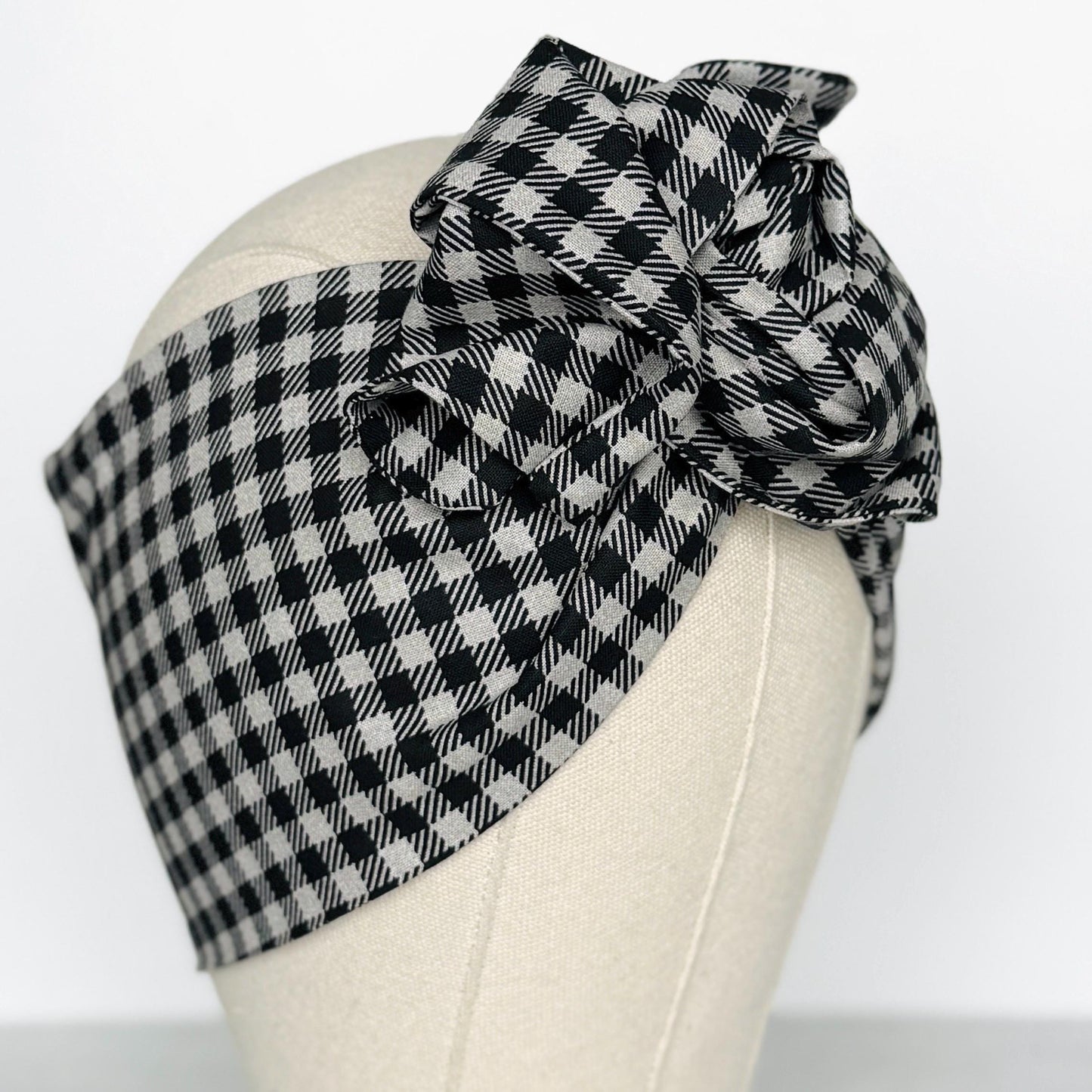 Extra Wide Adjustable Wire Headband, Black Grey Plaid Print, Boho Wired Headband, Fabric Head Wrap, Turban, Gift for Her, Bendable Scarf