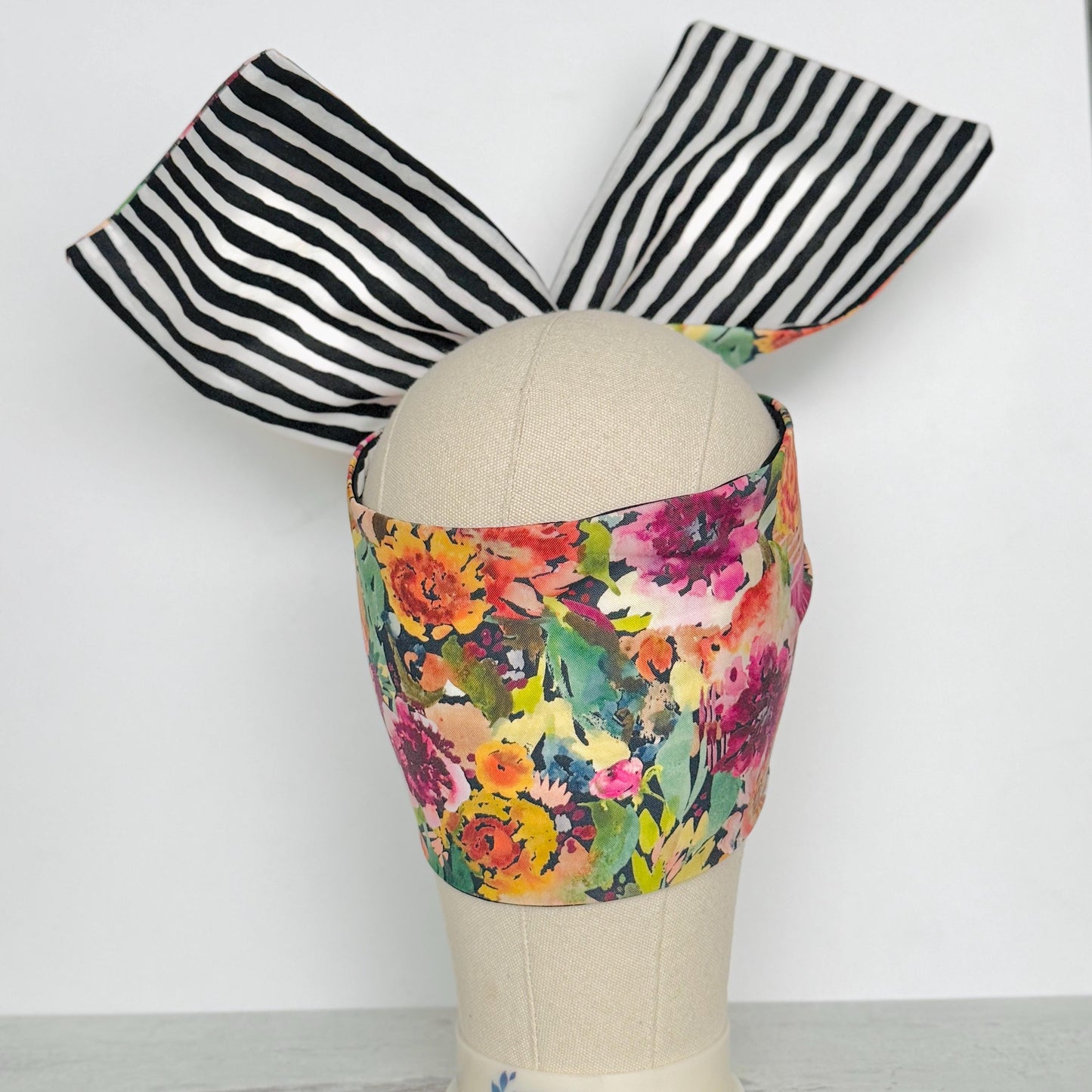 Extra Wide Reversible Adjustable Wire Wrap, Fall Multicolored Floral Striped Print Wired Headband, Fabric Head Wrap, Bandana Accessories