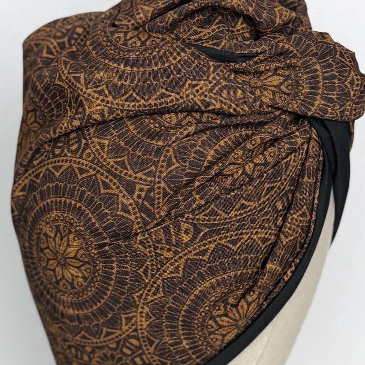 Full Turban Reversible Wire Headband, Extra Wide Black Tan Tribal Print Wired Headband, Fabric Head Wrap, Afro Boho Accessories