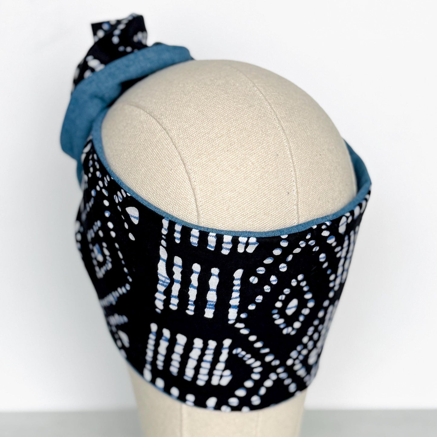Extra Wide Reversible BENDABLE Wire Headband, Denim Black White Shibori Print Wired Head Wrap, Turban Accessories, Head Scarf Bandana