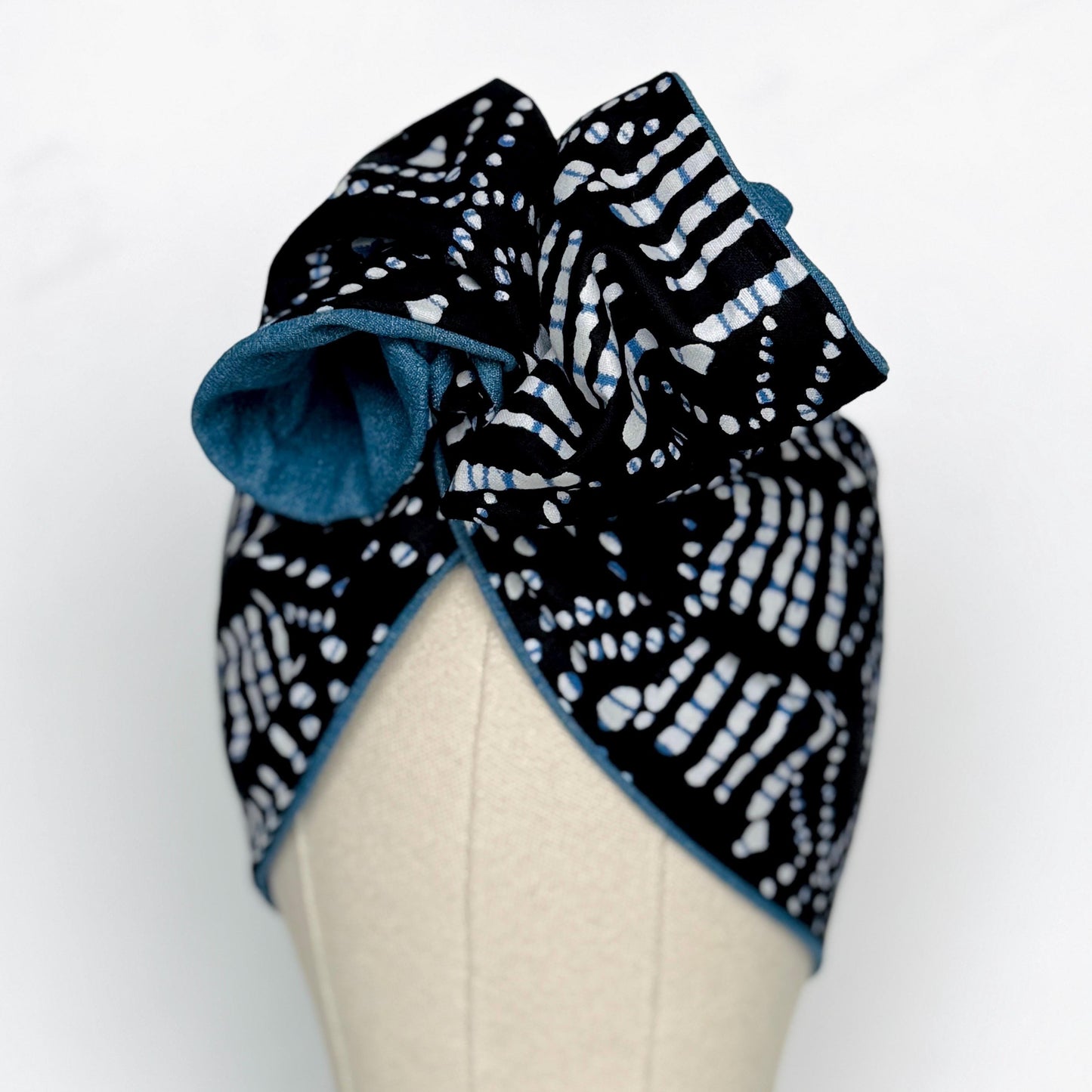 Extra Wide Reversible BENDABLE Wire Headband, Denim Black White Shibori Print Wired Head Wrap, Turban Accessories, Head Scarf Bandana