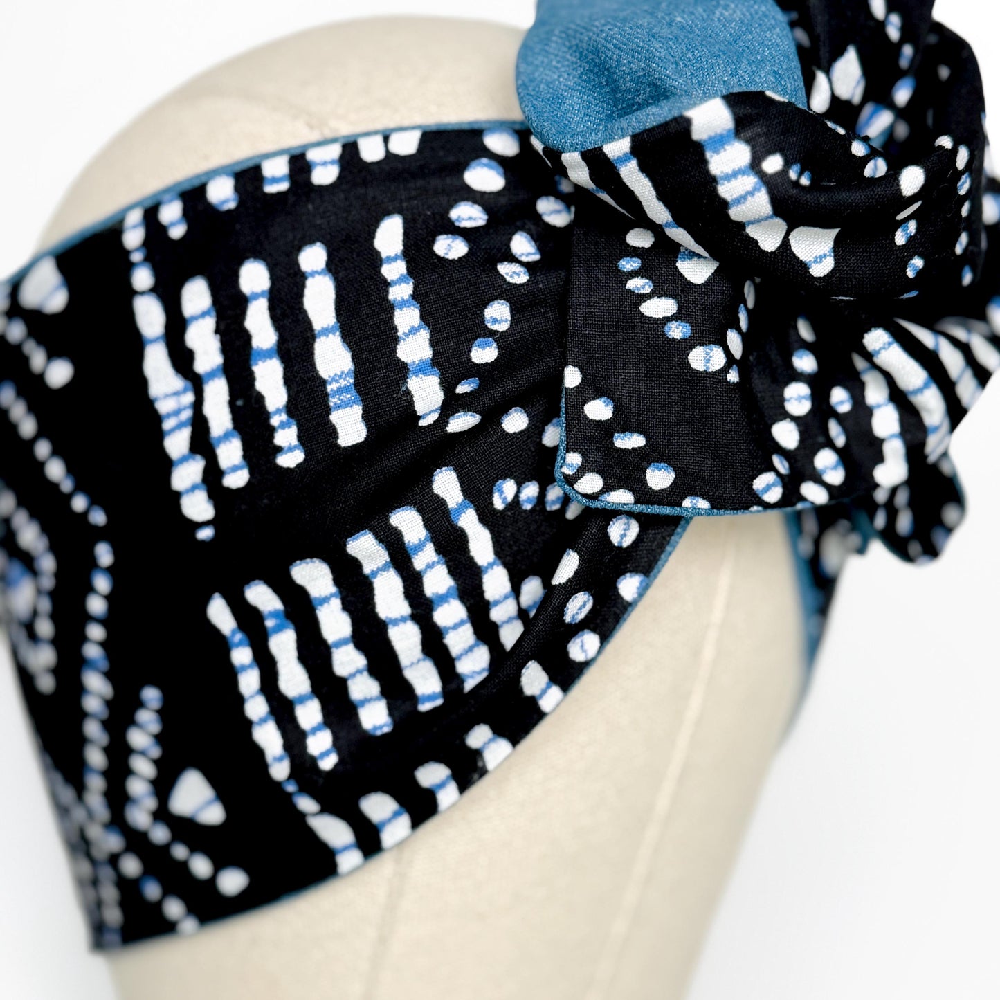 Extra Wide Reversible BENDABLE Wire Headband, Denim Black White Shibori Print Wired Head Wrap, Turban Accessories, Head Scarf Bandana