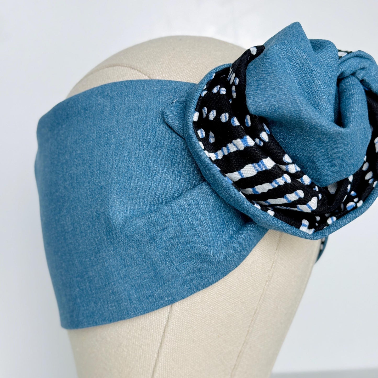 Extra Wide Reversible BENDABLE Wire Headband, Denim Black White Shibori Print Wired Head Wrap, Turban Accessories, Head Scarf Bandana
