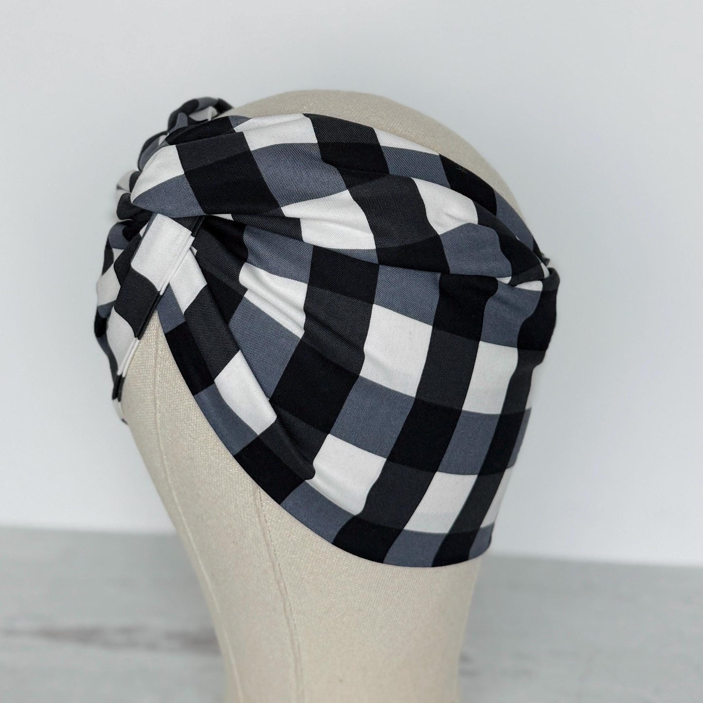 Extra Wide Adjustable Wire Headband, Black White Buffalo Plaid Print, Boho Wired Headband, Fabric Head Wrap, Turban, Bendable Scarf