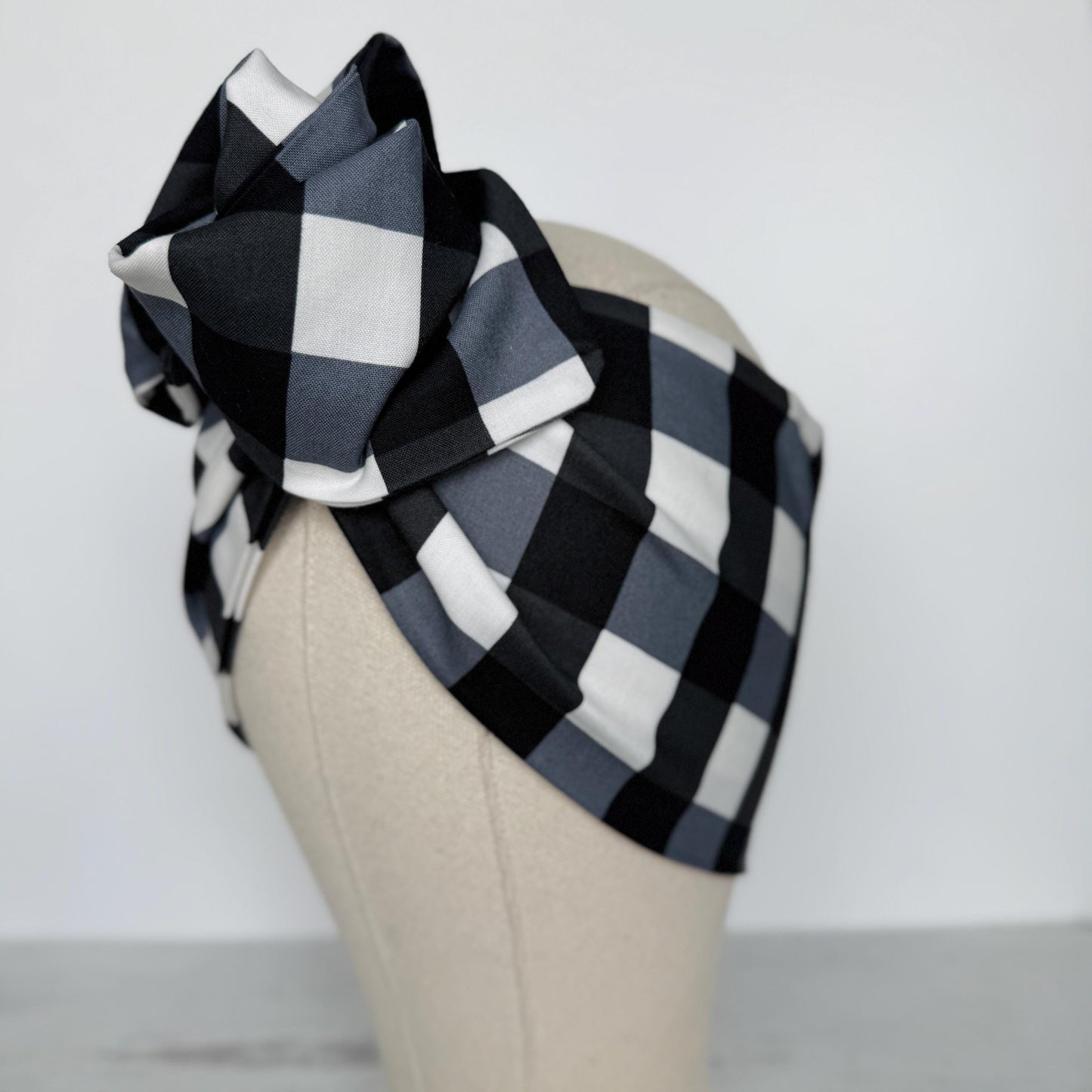 Extra Wide Adjustable Wire Headband, Black White Buffalo Plaid Print, Boho Wired Headband, Fabric Head Wrap, Turban, Bendable Scarf