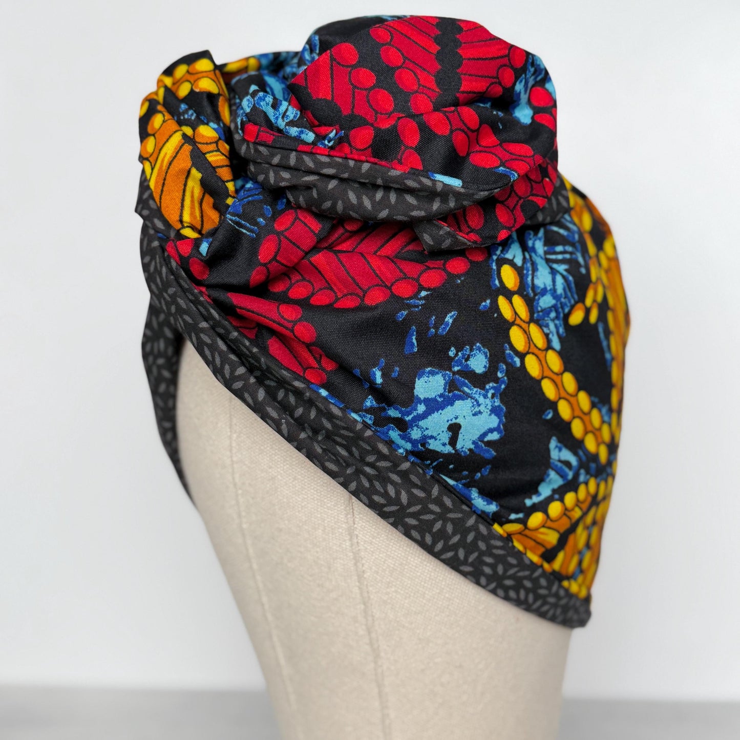 Full Turban Wire Headband, Reversible Extra Wide Red Black African Ankara Print Wired Headband, Fabric Head Wrap, Afro Boho Accessories