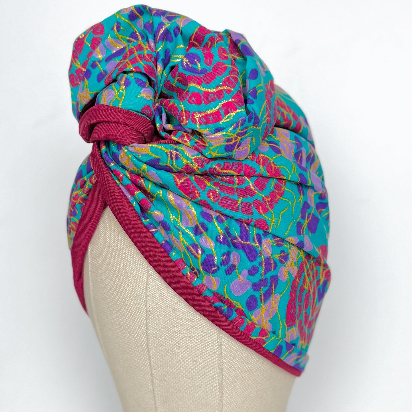 Full Turban Wire Headband, Reversible Extra Wide Teal Magenta African Ankara Print Wired Headband, Fabric Head Wrap, Afro Boho Accessories