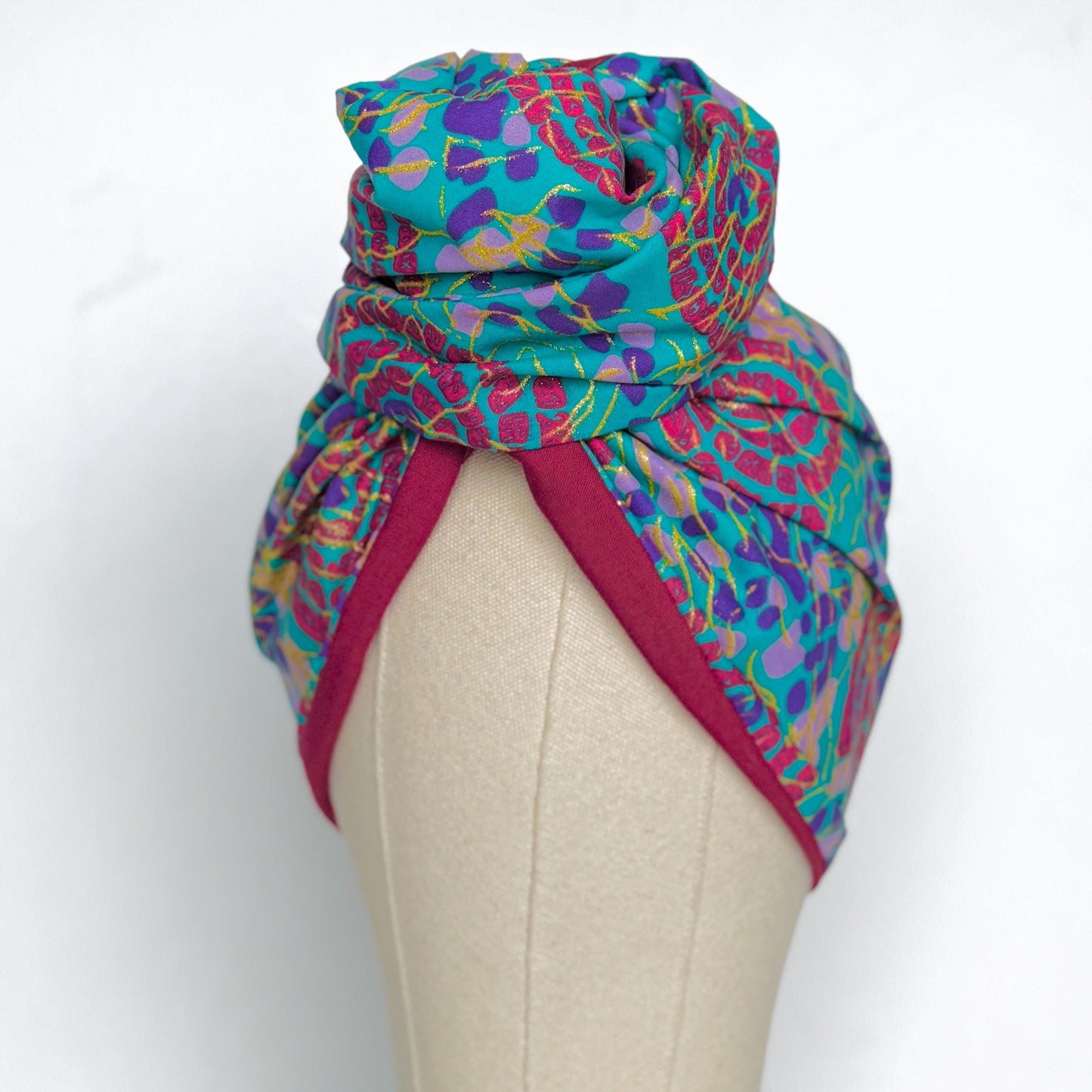 Full Turban Wire Headband, Reversible Extra Wide Teal Magenta African Ankara Print Wired Headband, Fabric Head Wrap, Afro Boho Accessories