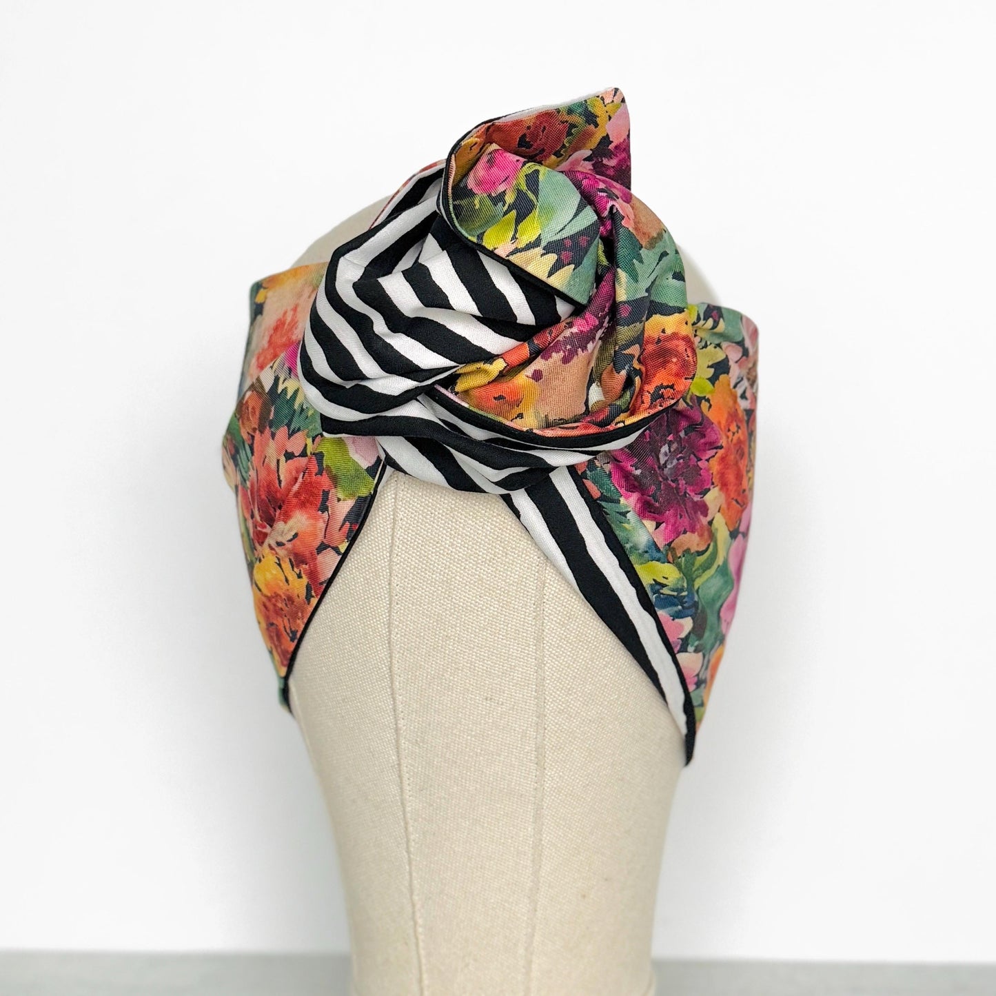 Extra Wide Reversible Adjustable Wire Wrap, Fall Multicolored Floral Striped Print Wired Headband, Fabric Head Wrap, Bandana Accessories