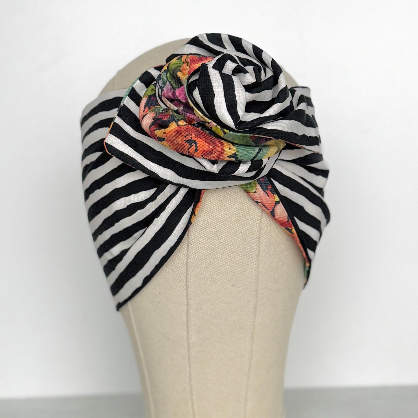 Extra Wide Reversible Adjustable Wire Wrap, Fall Multicolored Floral Striped Print Wired Headband, Fabric Head Wrap, Bandana Accessories