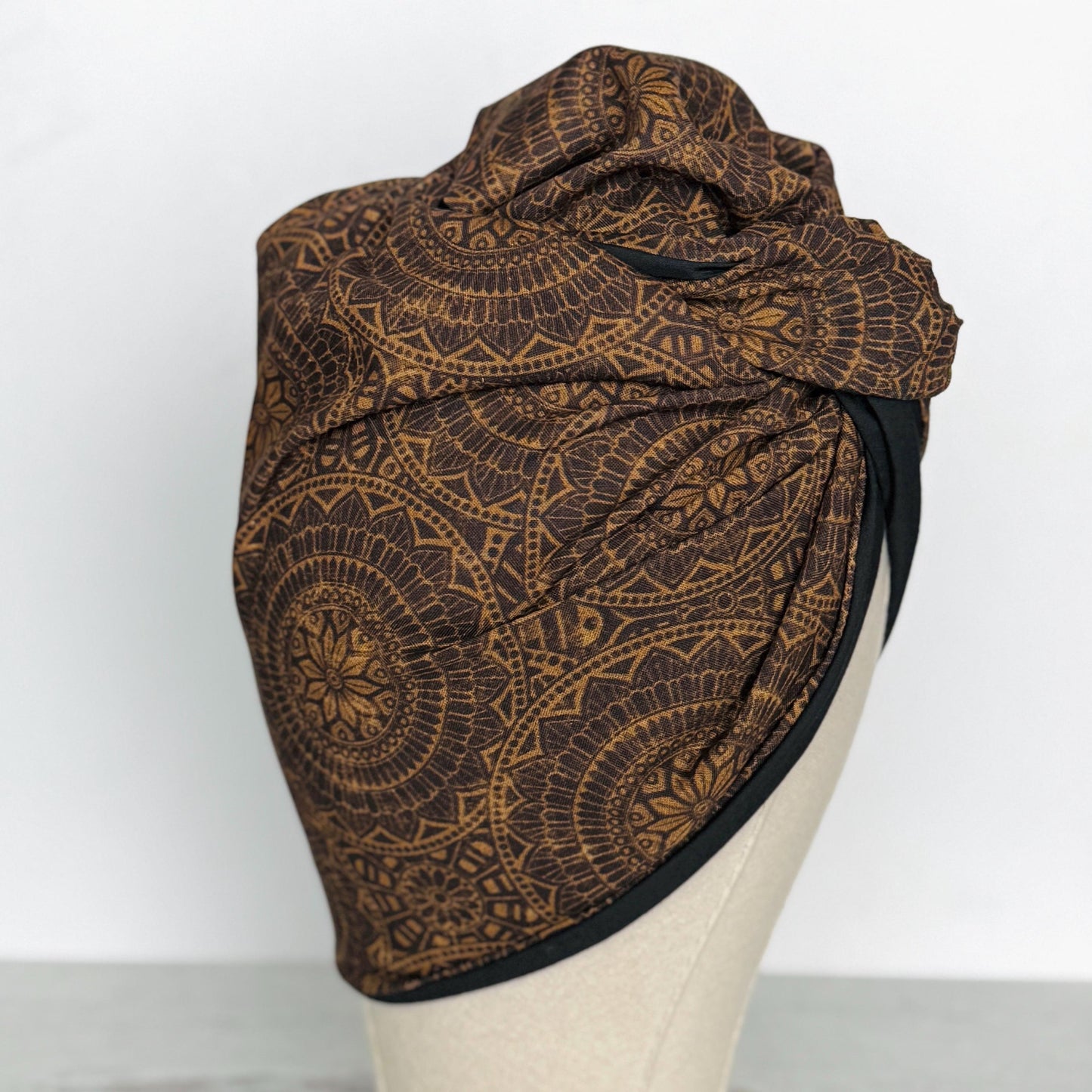 Full Turban Reversible Wire Headband, Extra Wide Black Tan Tribal Print Wired Headband, Fabric Head Wrap, Afro Boho Accessories