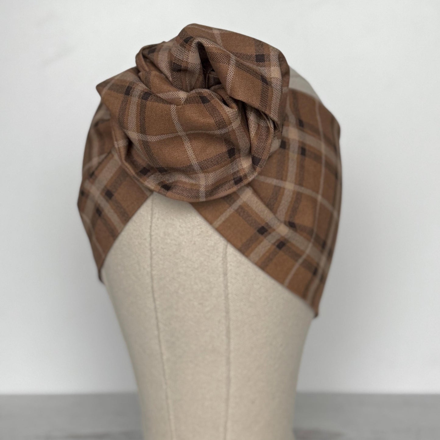 Extra Wide Adjustable Wire Headband, Brown Black Plaid Print, Boho Wired Headband, Fabric Head Wrap, Turban, Gift for Her, Bendable Scarf