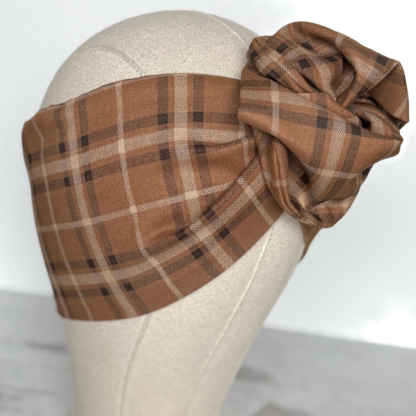 Extra Wide Adjustable Wire Headband, Brown Black Plaid Print, Boho Wired Headband, Fabric Head Wrap, Turban, Gift for Her, Bendable Scarf
