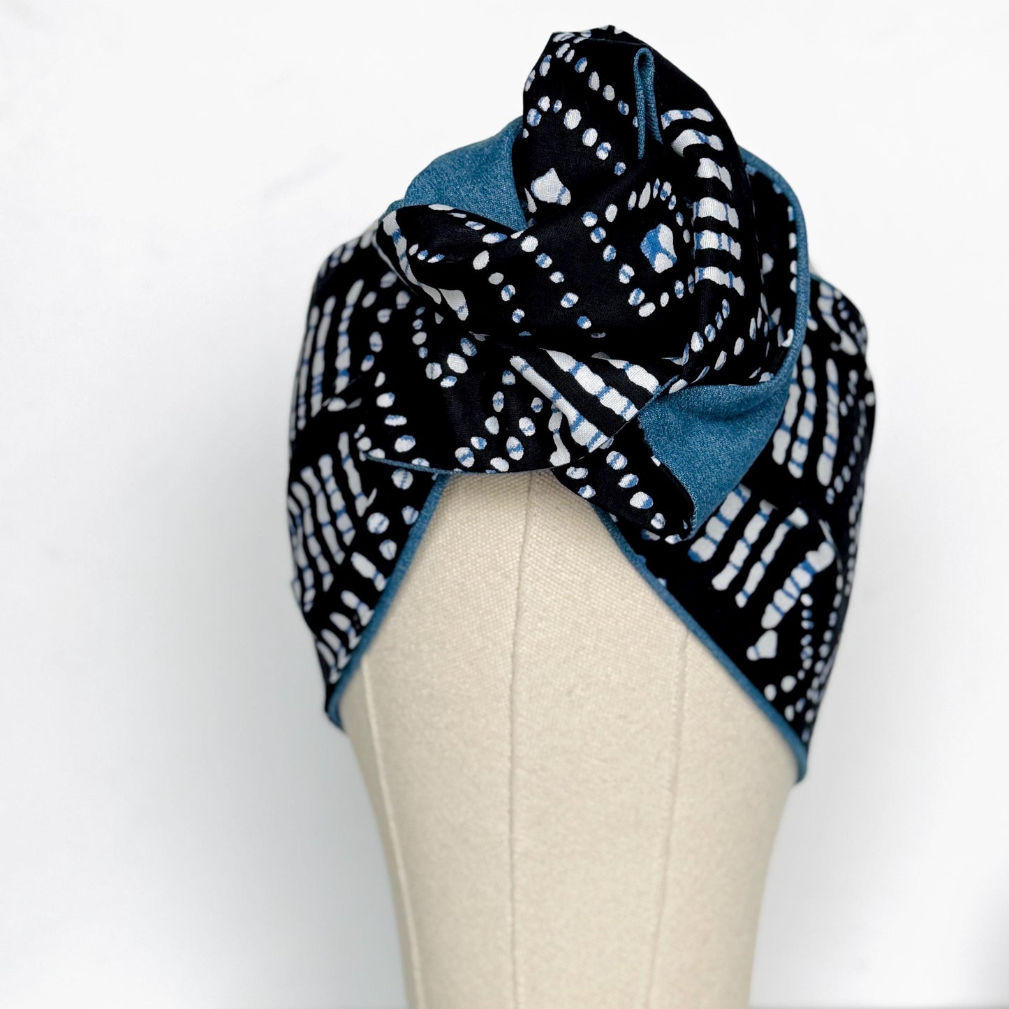 Extra Wide Reversible BENDABLE Wire Headband, Denim Black White Shibori Print Wired Head Wrap, Turban Accessories, Head Scarf Bandana