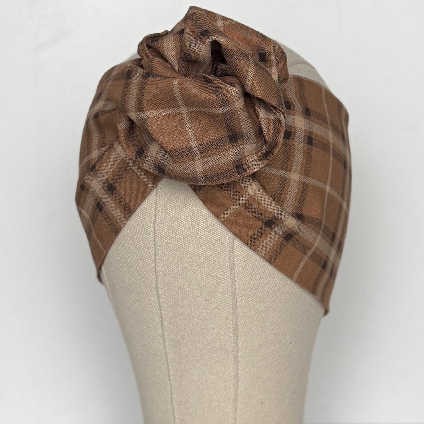 Extra Wide Adjustable Wire Headband, Brown Black Plaid Print, Boho Wired Headband, Fabric Head Wrap, Turban, Gift for Her, Bendable Scarf