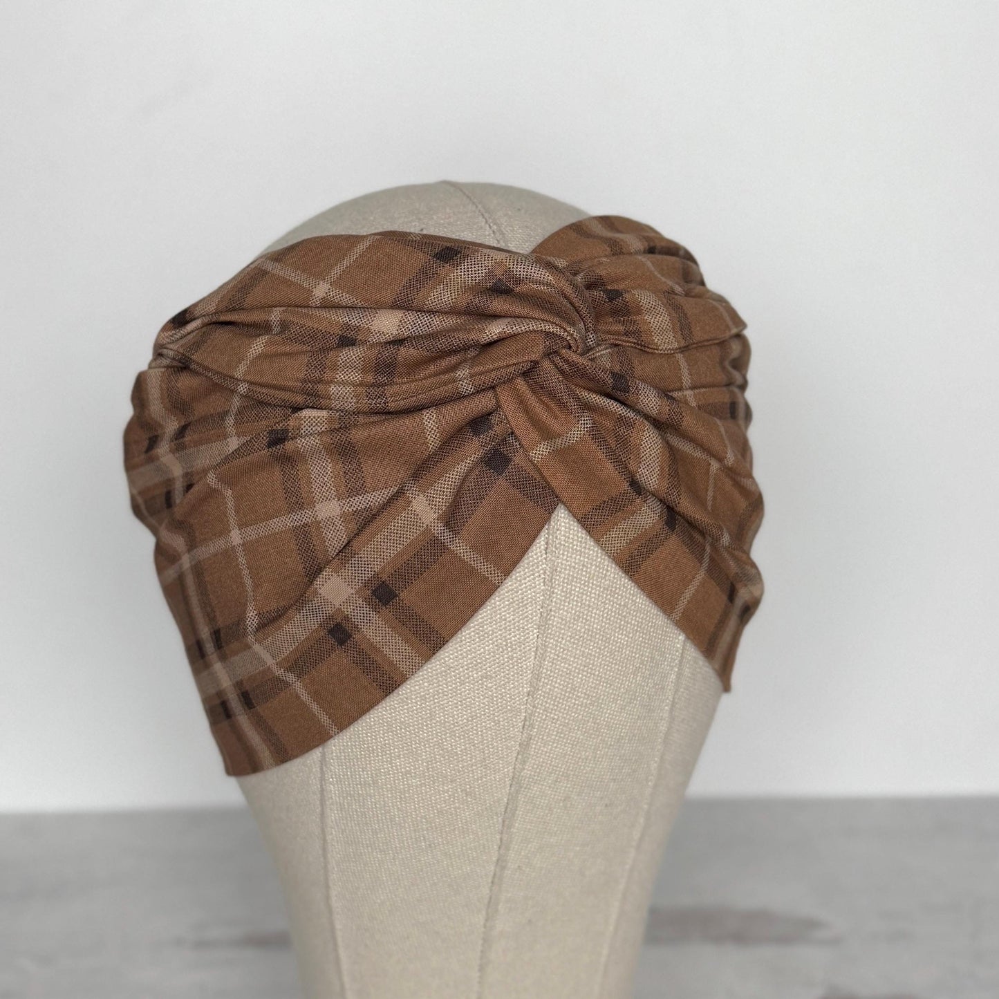 Extra Wide Adjustable Wire Headband, Brown Black Plaid Print, Boho Wired Headband, Fabric Head Wrap, Turban, Gift for Her, Bendable Scarf