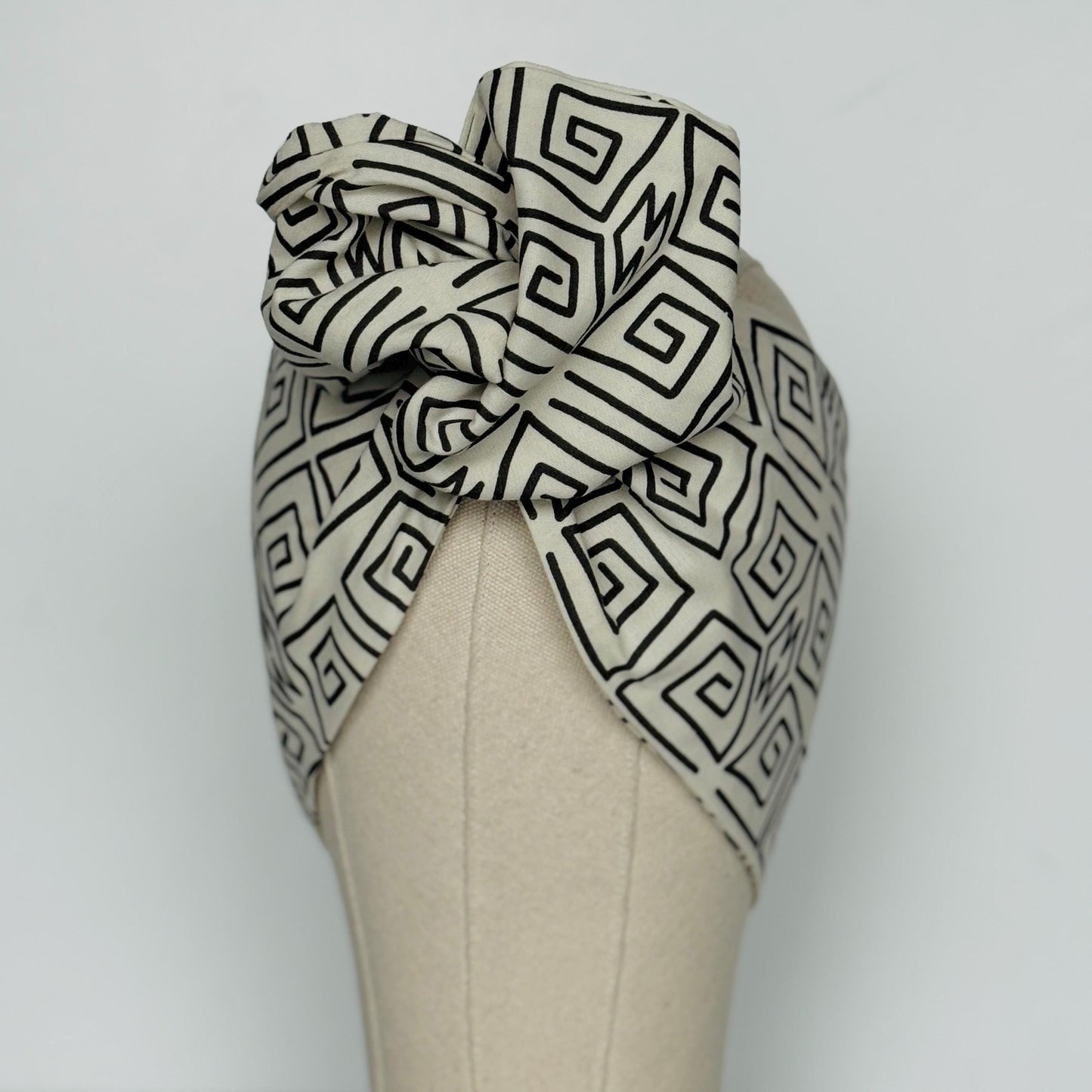 Extra Wide Adjustable Wire Headband, Off White Black Tribal Print, Boho Wired Headband, Fabric Head Wrap, Turban, Gift idea, Bendable Scarf