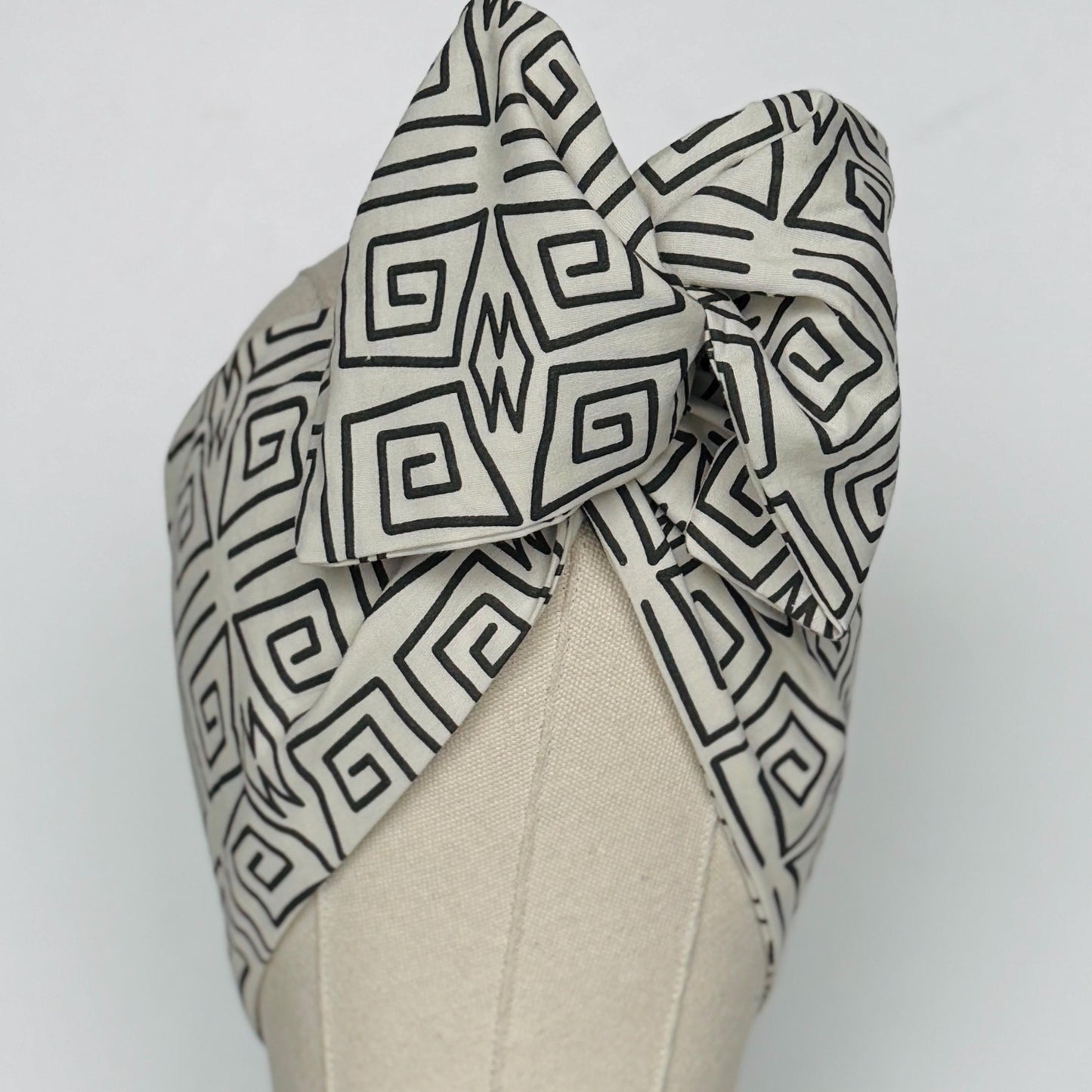 Extra Wide Adjustable Wire Headband, Off White Black Tribal Print, Boho Wired Headband, Fabric Head Wrap, Turban, Gift idea, Bendable Scarf