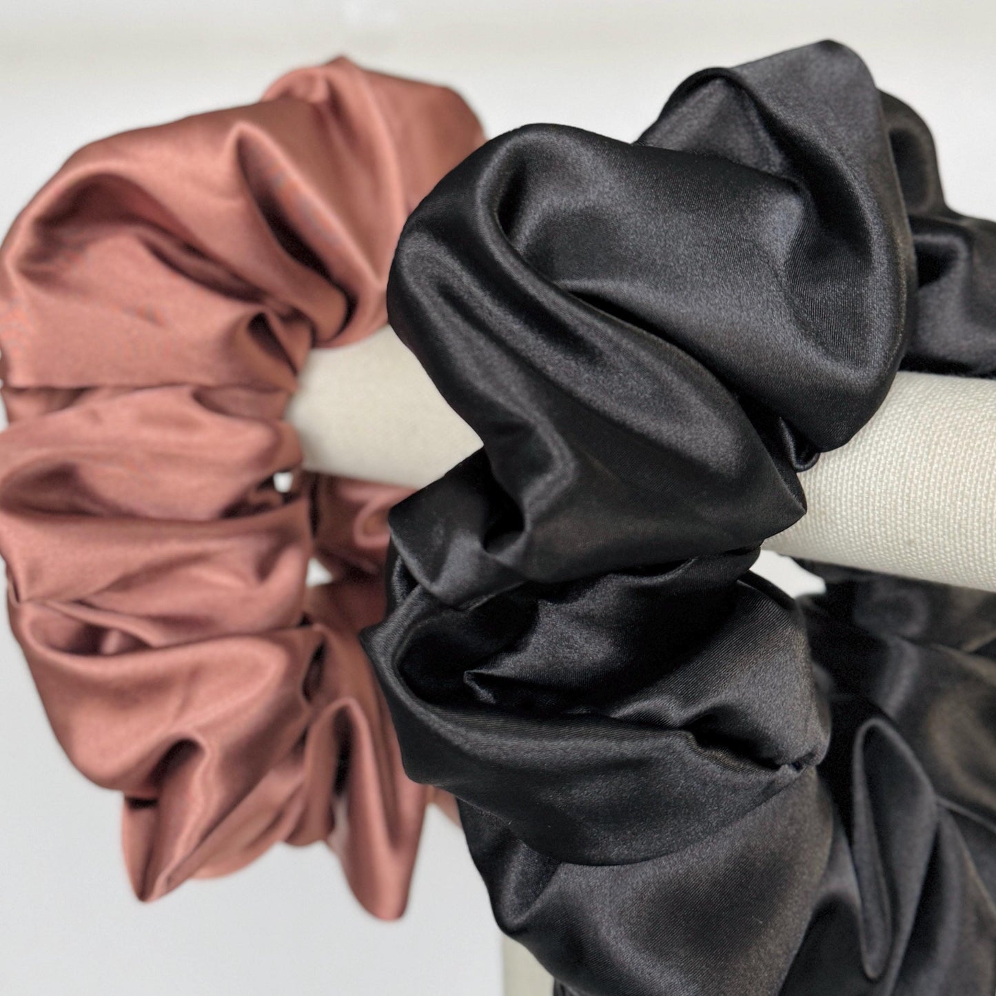 Oversized Satin Scrunchie, Jumbo Elastic Hair Tie, Black Champagne Silky Statement Hair Accessories, Barrette, Mod Style, Retro Fashion