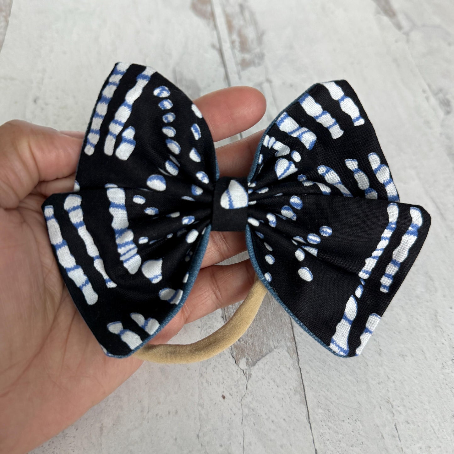 Large Pinwheel Hair Bow, Statement Bow, Black Blue White Tribal Print Denim Hair Bow, Barrette Hair Piece For Girls