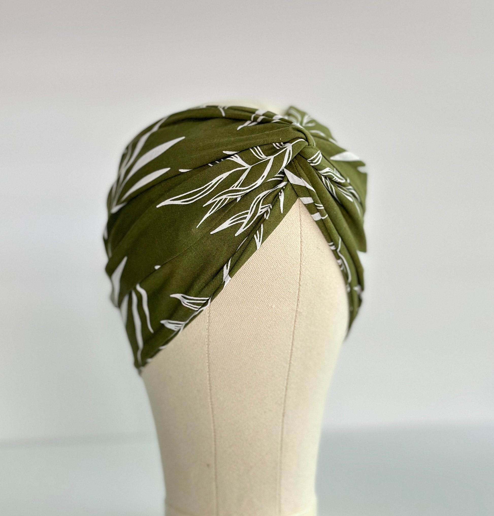 Extra Long Wide Wire Wrap Headband, Olive Green Leaf Pattern, Wired Headband, Fabric Head Wrap , Turban, Boho Chic Accessories (CASSIA)