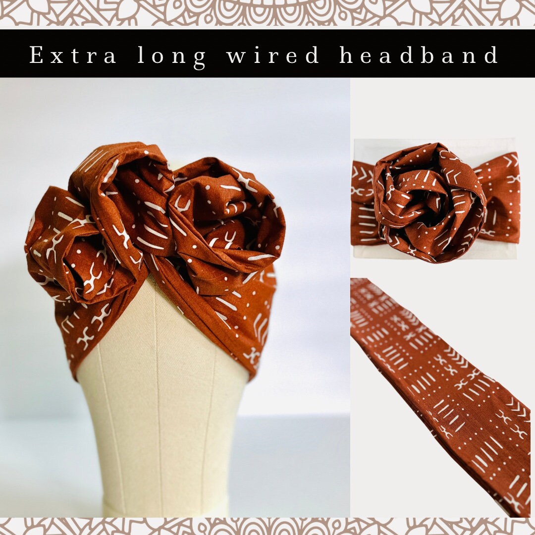 Extra Long Wide Adjustable Wire Headband, Burnt Orange Tribal Pattern, Wired Headband, Fabric Head Wrap, Turban, Boho Accessories, Women