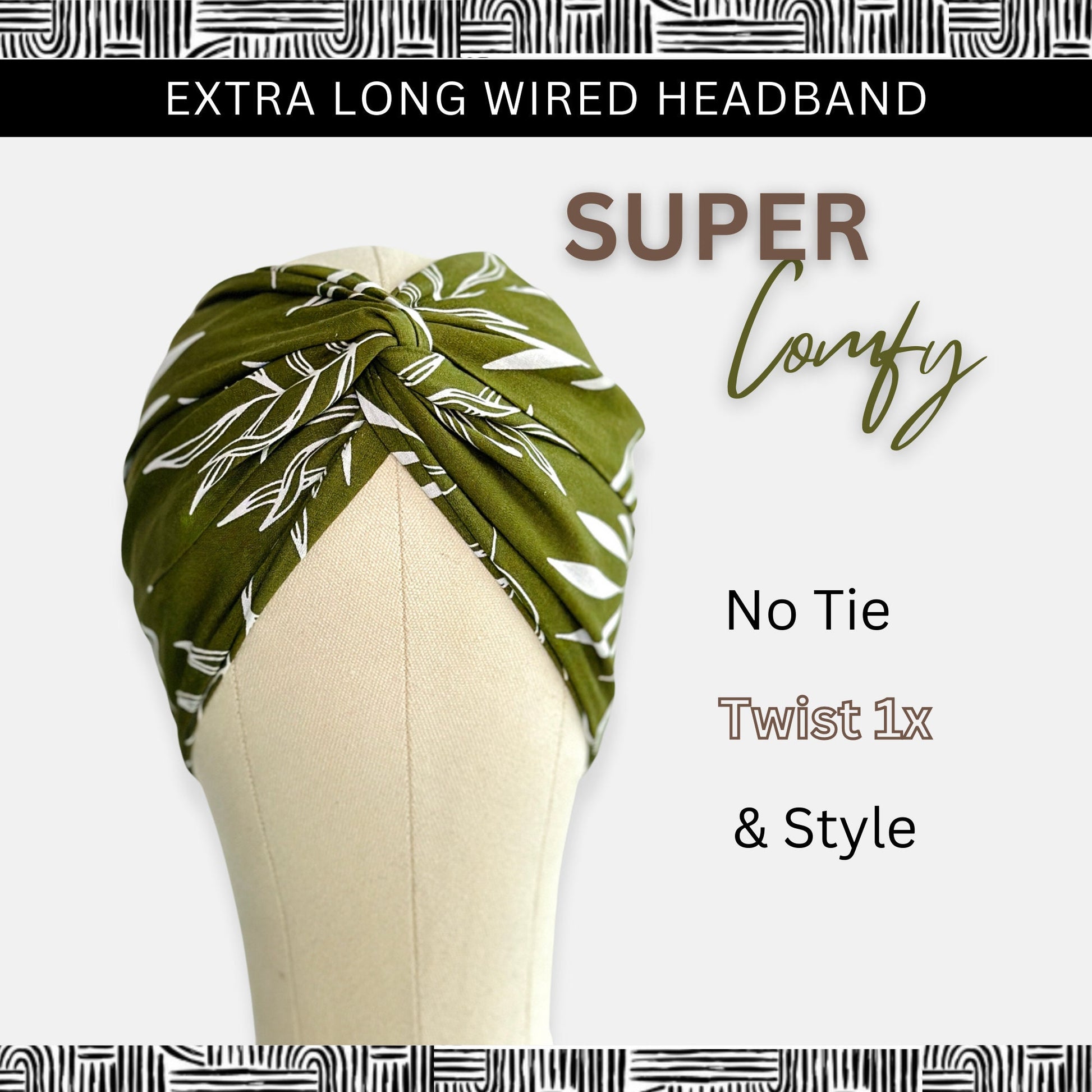 Extra Long Wide Wire Wrap Headband, Olive Green Leaf Pattern, Wired Headband, Fabric Head Wrap , Turban, Boho Chic Accessories (CASSIA)