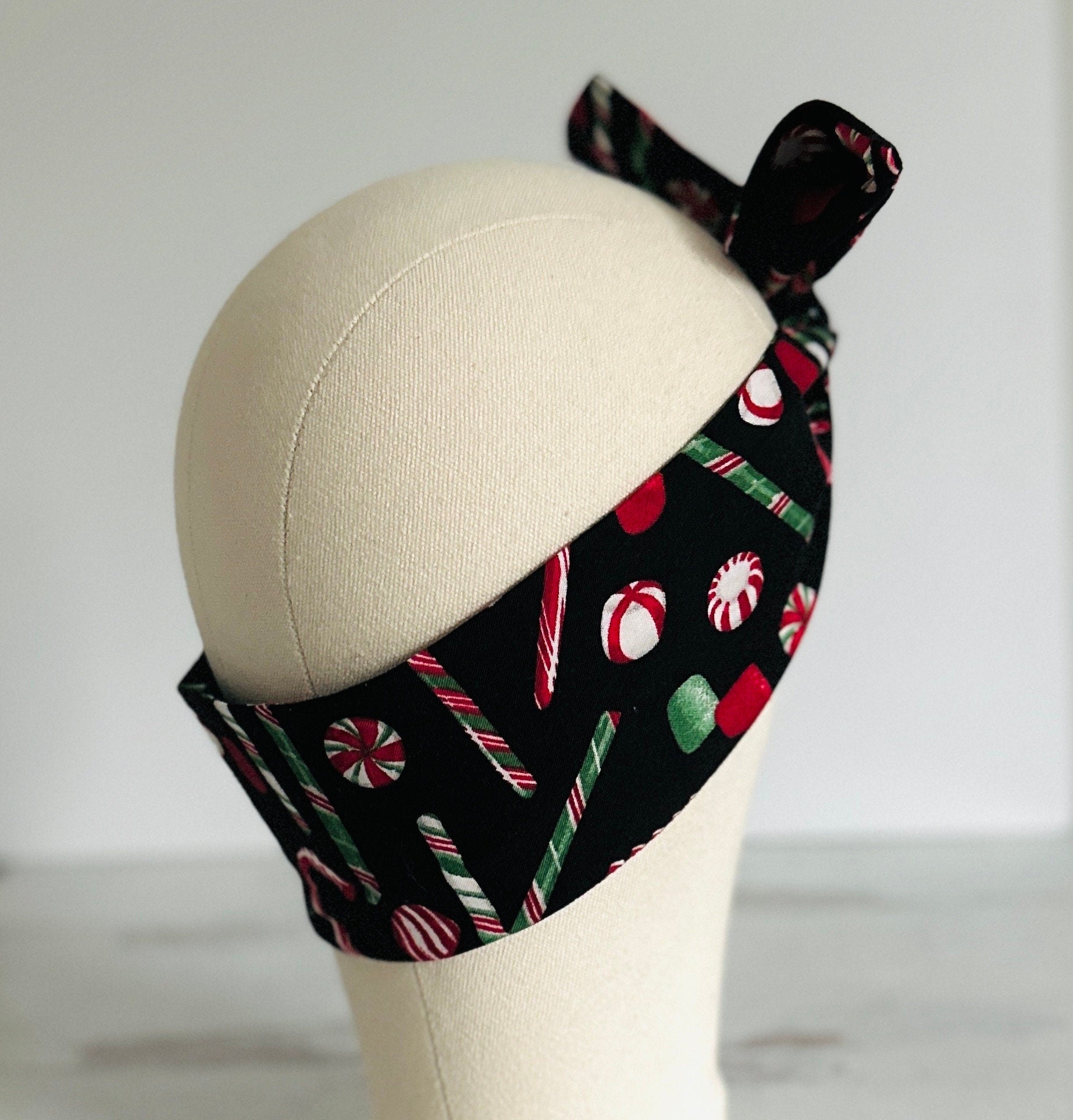 Christmas Party Mini Wired Head Wrap, Black Peppermint Candy Fabric Print, Wired Headband, Fabric Head Wrap, Turban, Accessories for Women