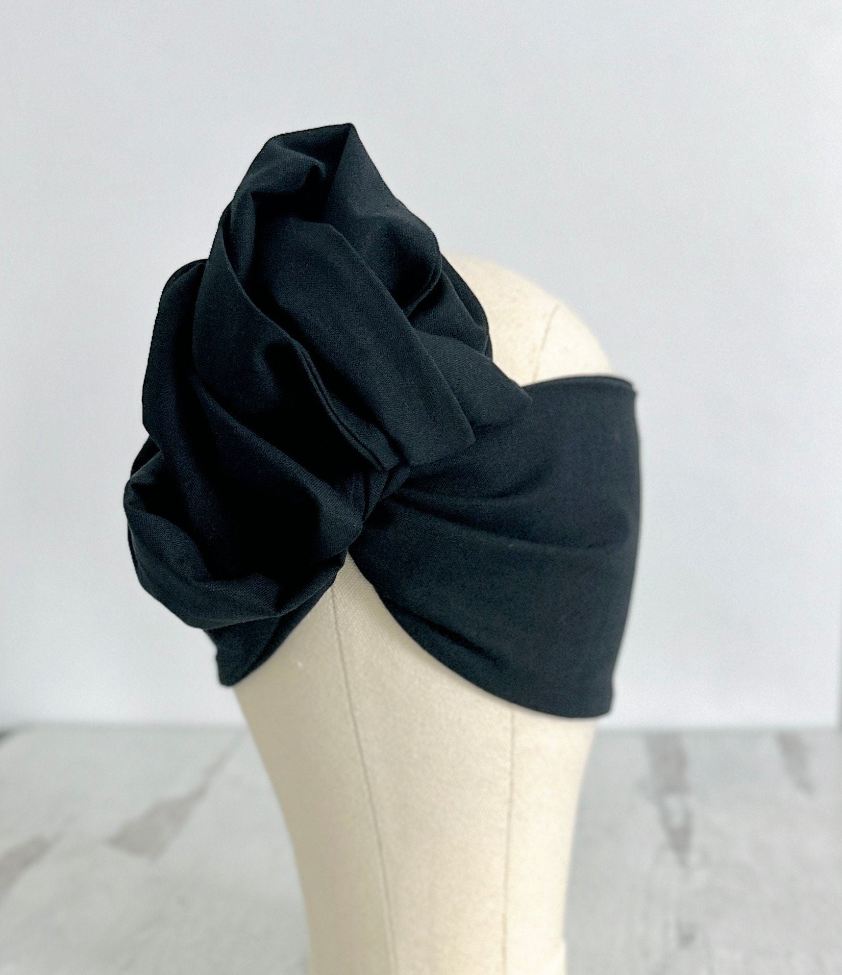 Extra Long Wide Adjustable Wire Headband, Black Onyx Solid Colored, Wired Headband and Turban, Fabric Hair Wrap, Headband for Women