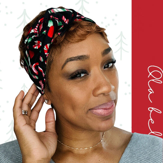 Christmas Party Mini Wired Head Wrap, Black Peppermint Candy Fabric Print, Wired Headband, Fabric Head Wrap, Turban, Accessories for Women