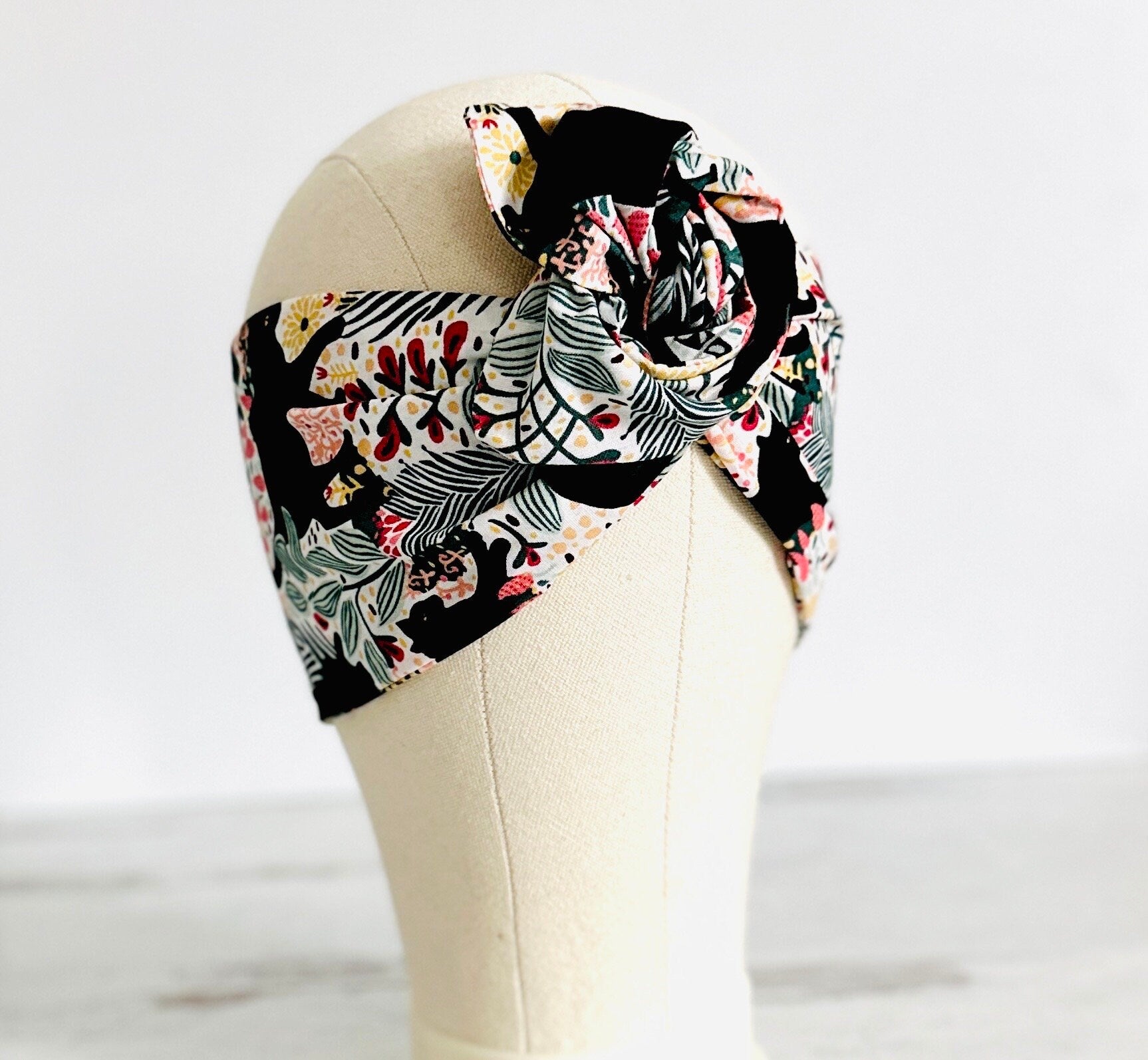 Extra Wide Adjustable Wire Headband, Tropical Cat Mom Print, Black and White, Wired Headband, Fabric Head Wrap, Turban, Gift for Cat Lover