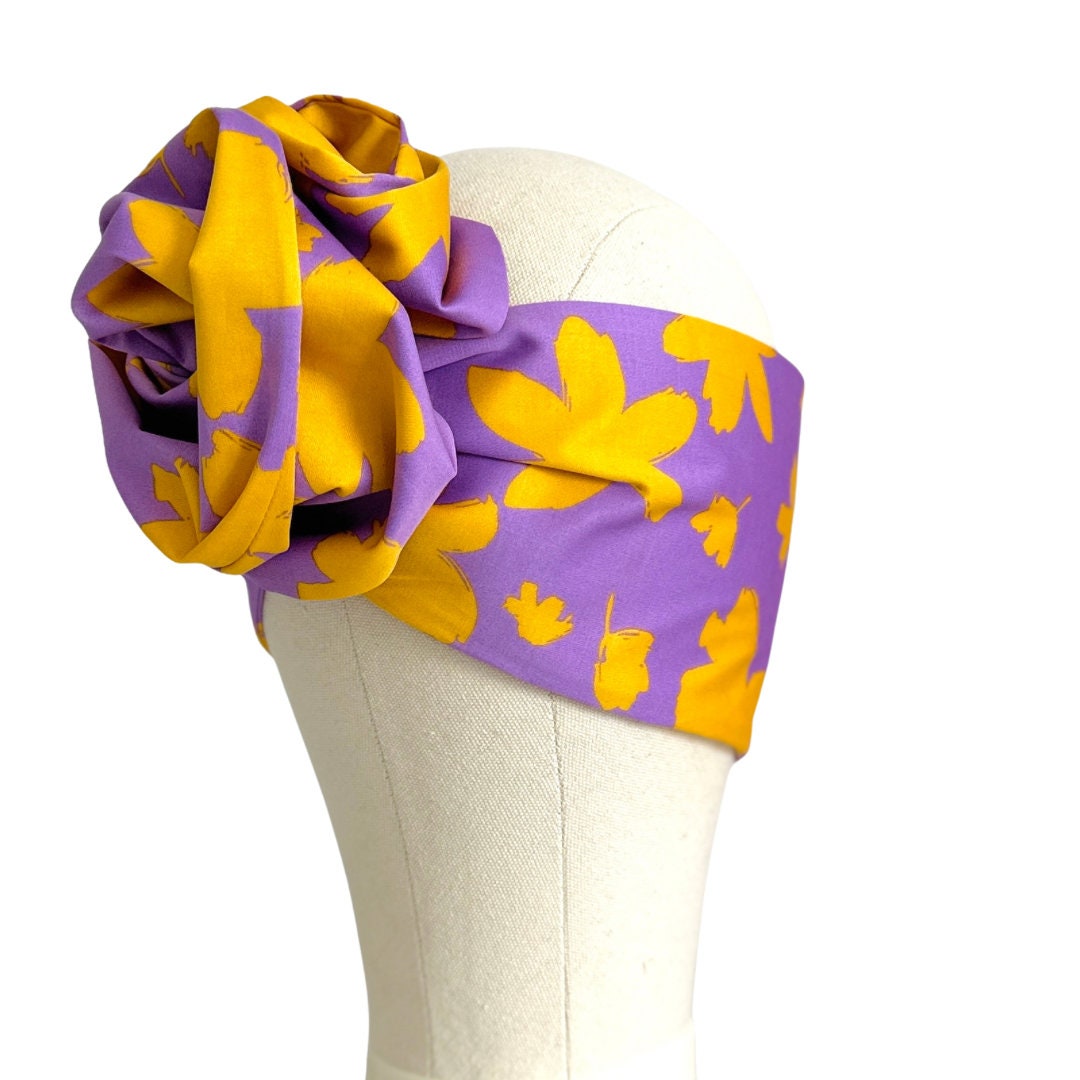 Extra Long Wide Adjustable Wire Headband, Purple and Yellow Tropical Floral Print, Wired Headband, Fabric Head Wrap, Turban, Polyester