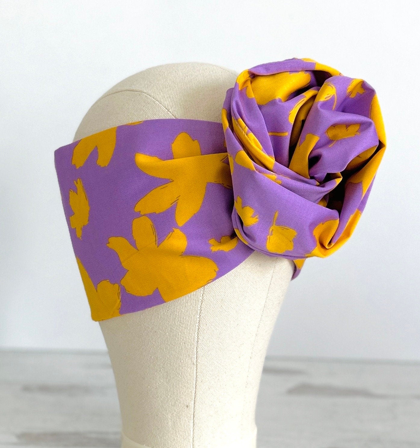 Extra Long Wide Adjustable Wire Headband, Purple and Yellow Tropical Floral Print, Wired Headband, Fabric Head Wrap, Turban, Polyester
