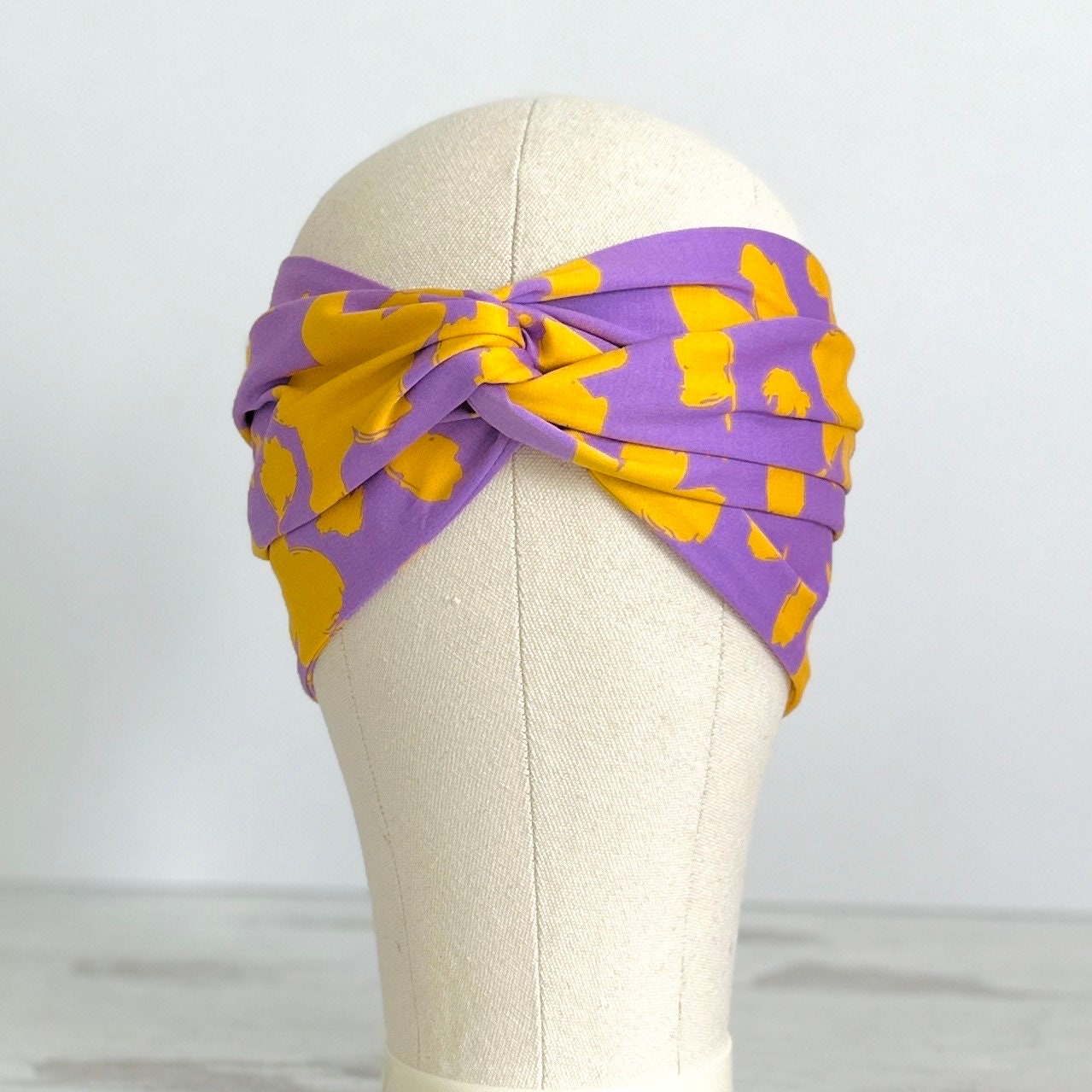 Extra Long Wide Adjustable Wire Headband, Purple and Yellow Tropical Floral Print, Wired Headband, Fabric Head Wrap, Turban, Polyester
