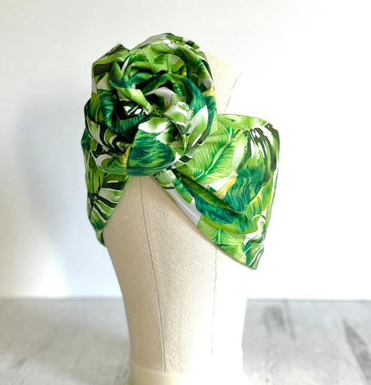 Extra Long & Wide ADJUSTABLE WIRE head Wrap, Green Tropical Leaves Print, Vacation Wired Head band, Turban, Women Headband, Boho Hair Wrap