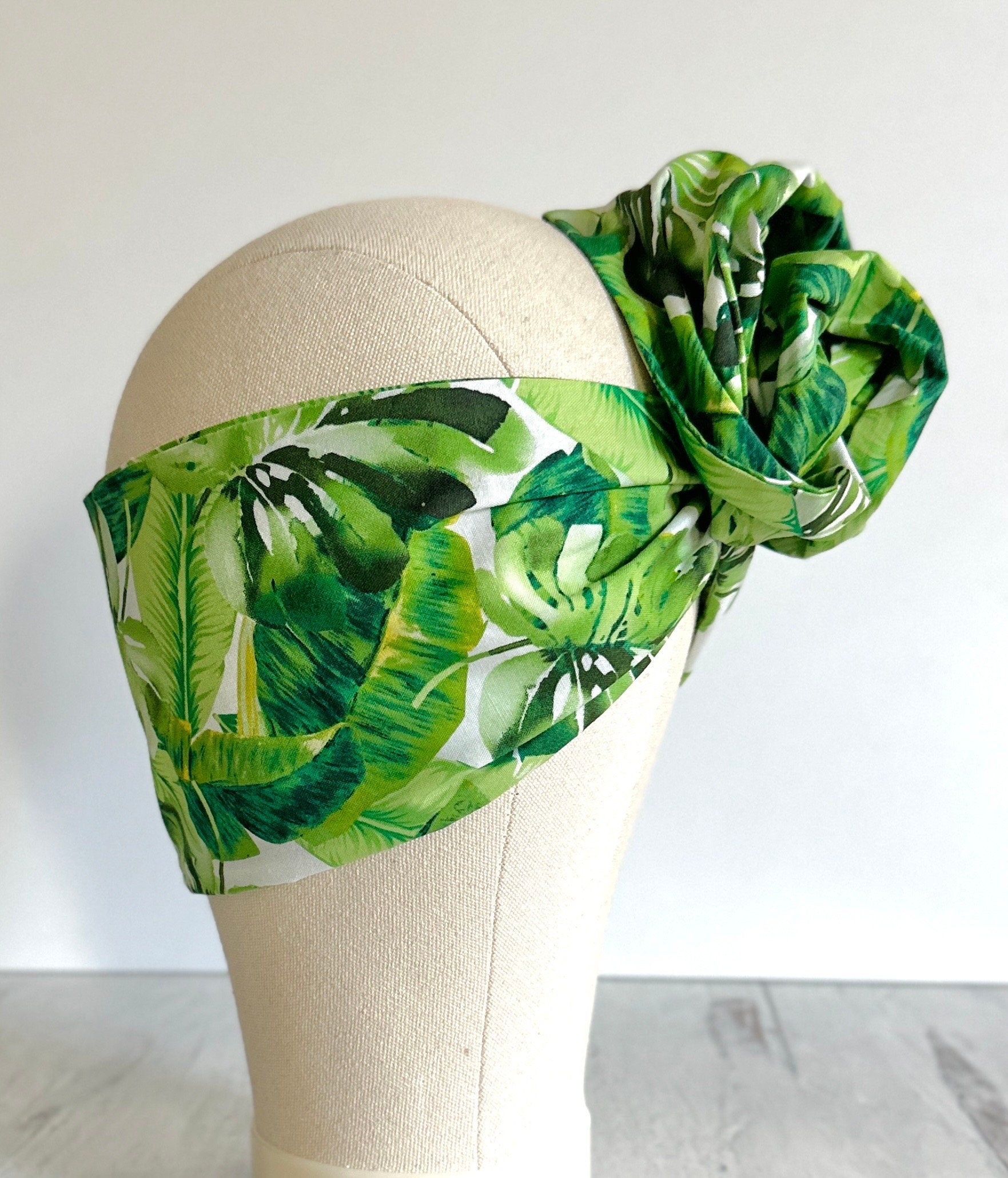 Extra Long & Wide ADJUSTABLE WIRE head Wrap, Green Tropical Leaves Print, Vacation Wired Head band, Turban, Women Headband, Boho Hair Wrap