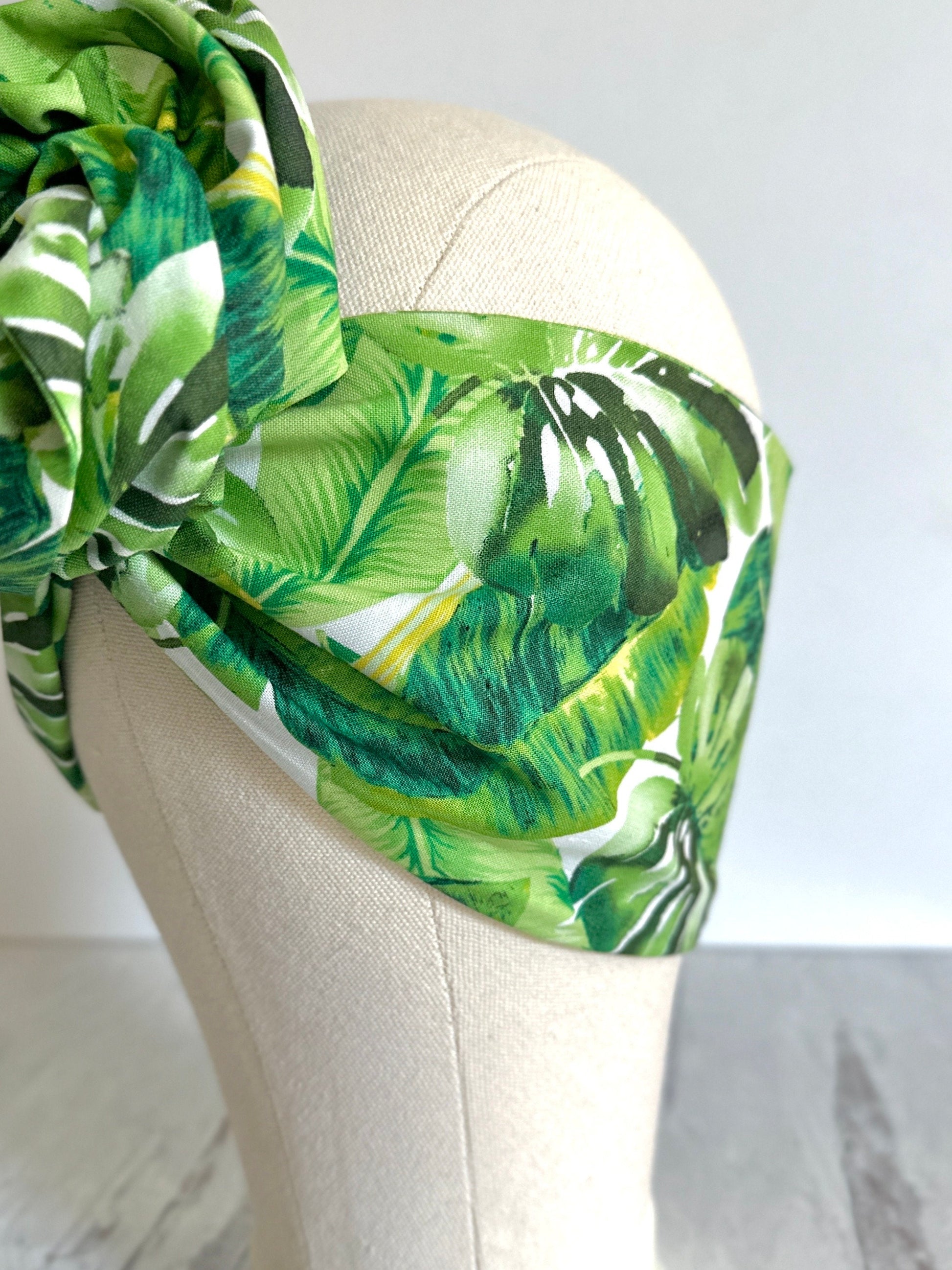 Extra Long & Wide ADJUSTABLE WIRE head Wrap, Green Tropical Leaves Print, Vacation Wired Head band, Turban, Women Headband, Boho Hair Wrap