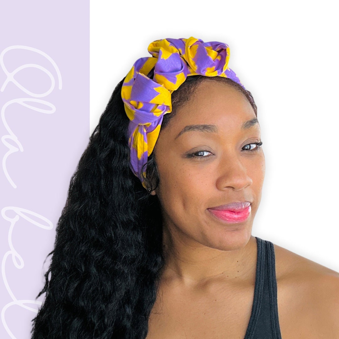 Extra Long Wide Adjustable Wire Headband, Purple and Yellow Tropical Floral Print, Wired Headband, Fabric Head Wrap, Turban, Polyester