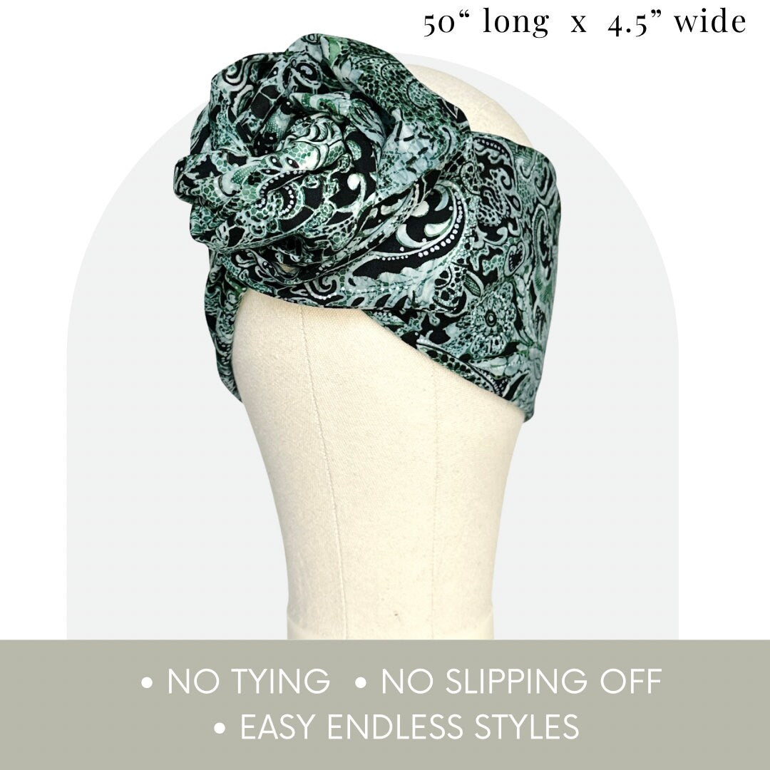 Extra Long & Wide Wire Adjustable Wrap Head Wrap, Green Abstract Floral Print, Wired Headband, Turban, Accessories For Women