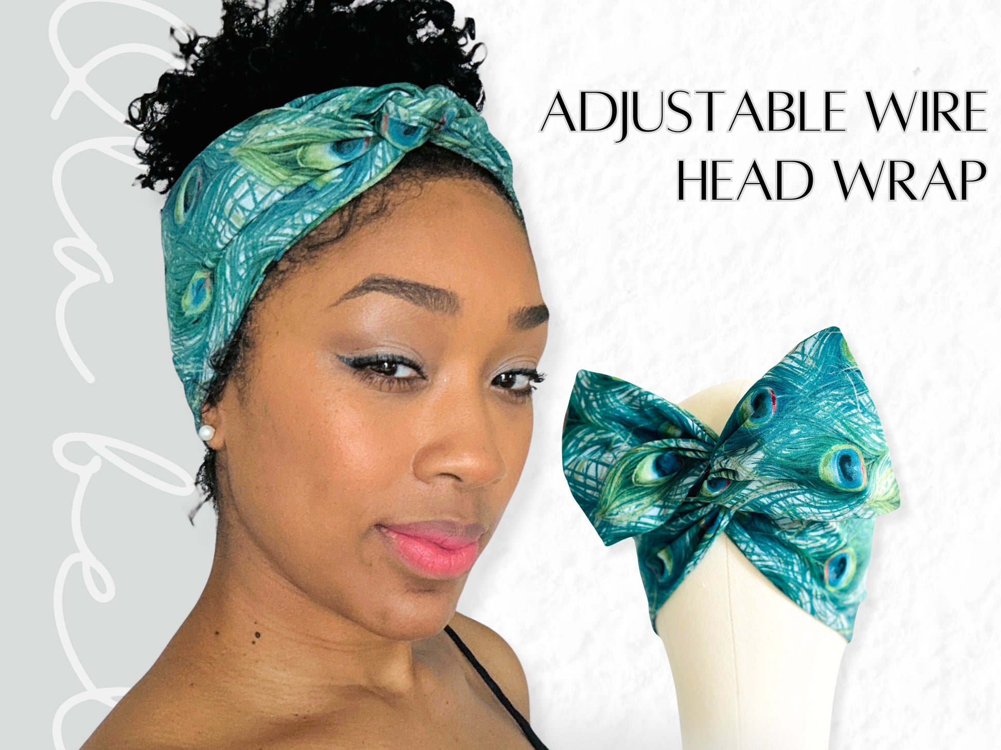 Extra Wide ADJUSTABLE Wire Headband, Teal Peacock Print Wired Head Wrap, Hair Accessories For Women, No Slip, Comfortable