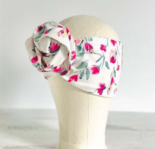 Extra Long Wide Adjustable Wire Head Wrap, White & Pink Floral Print, Wired Head band, Turban, Mother’s Day Gift Headband, Accessories