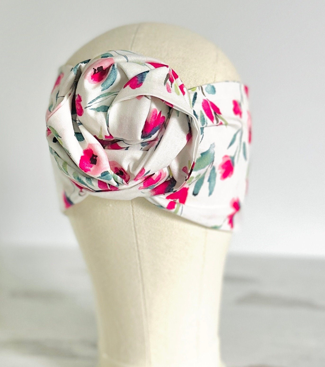 Extra Long Wide Adjustable Wire Head Wrap, White & Pink Floral Print, Wired Head band, Turban, Mother’s Day Gift Headband, Accessories