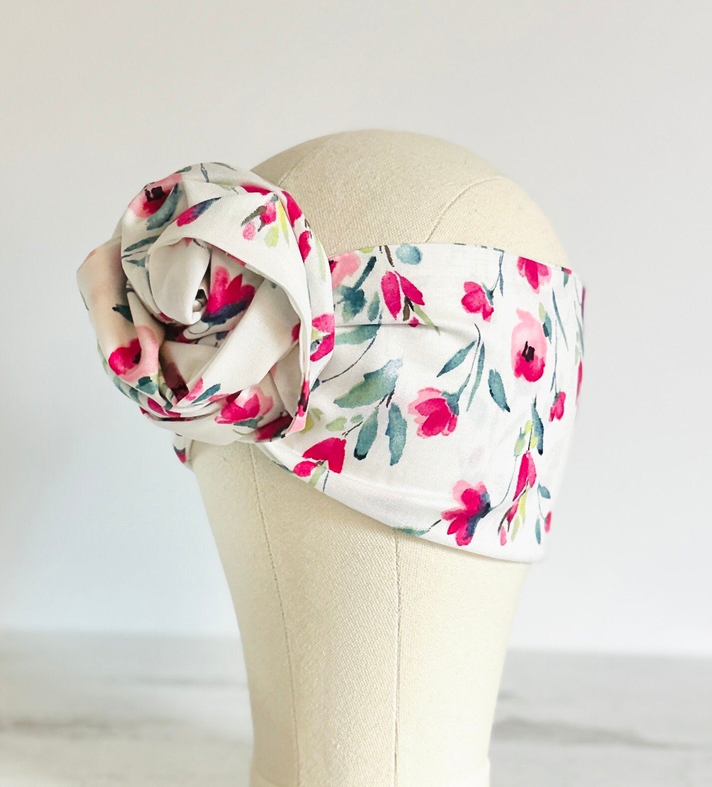 Extra Long Wide Adjustable Wire Head Wrap, White & Pink Floral Print, Wired Head band, Turban, Mother’s Day Gift Headband, Accessories