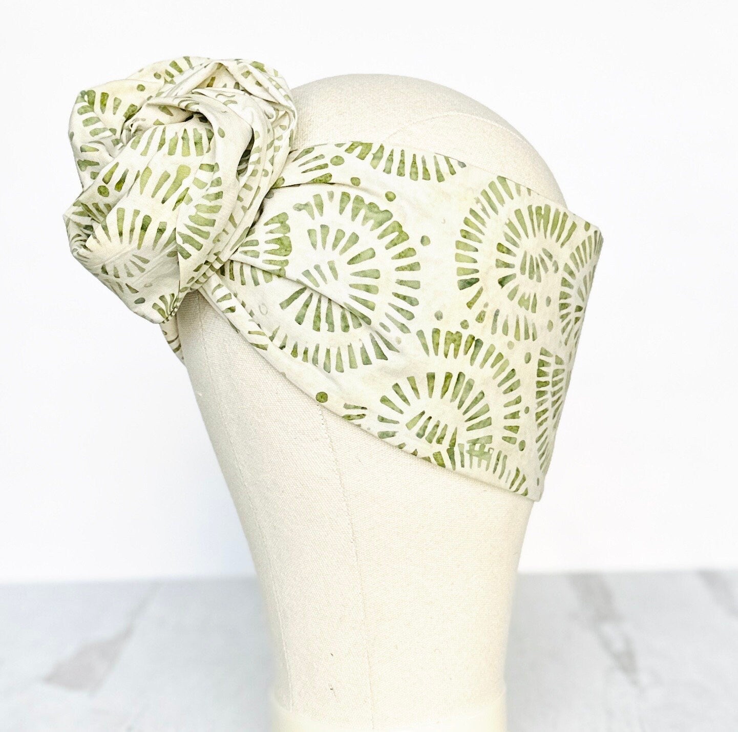 Extra Long Wide Adjustable Wire Wrap Batik Headband, Light Beige & Green, Wired Headband, Head Wrap, Hair Tie, Accessories, Turban, Women