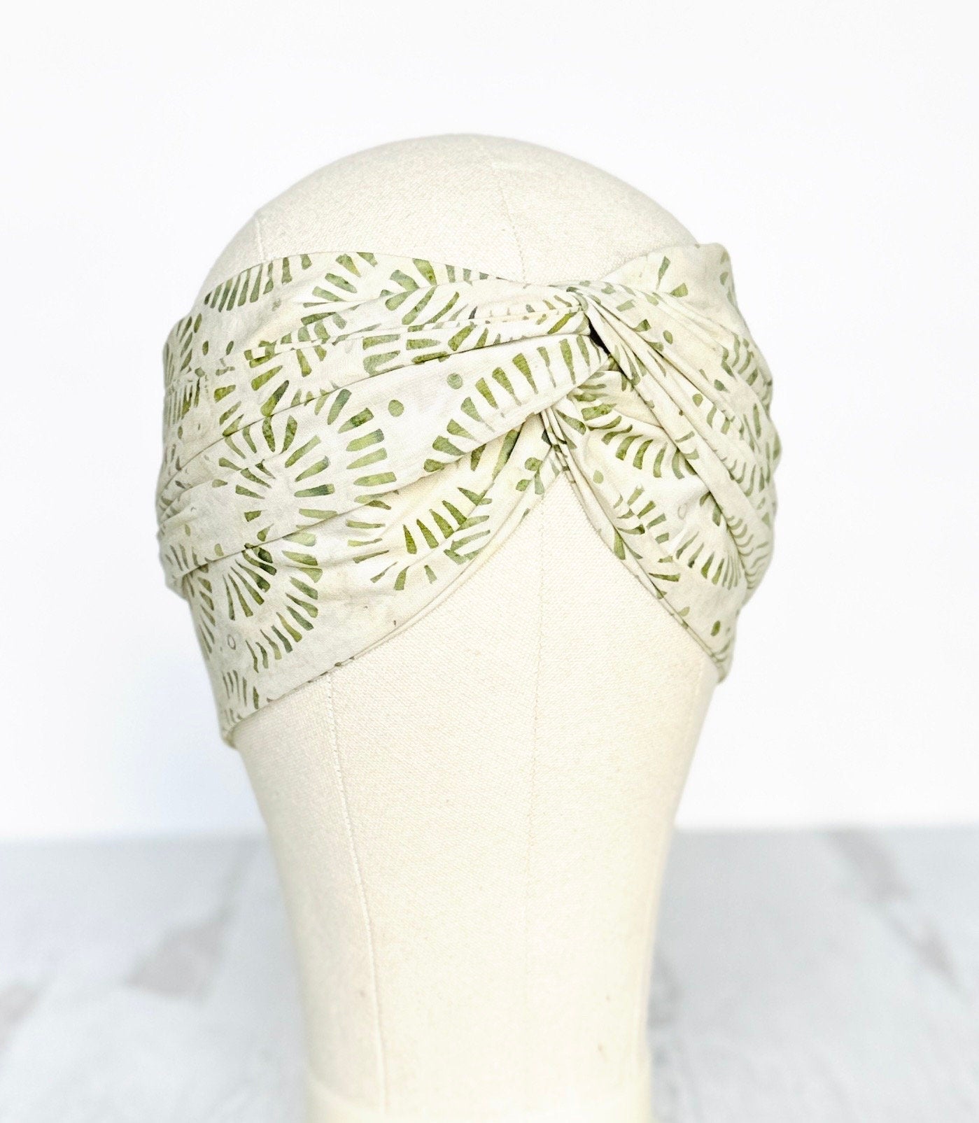 Extra Long Wide Adjustable Wire Wrap Batik Headband, Light Beige & Green, Wired Headband, Head Wrap, Hair Tie, Accessories, Turban, Women