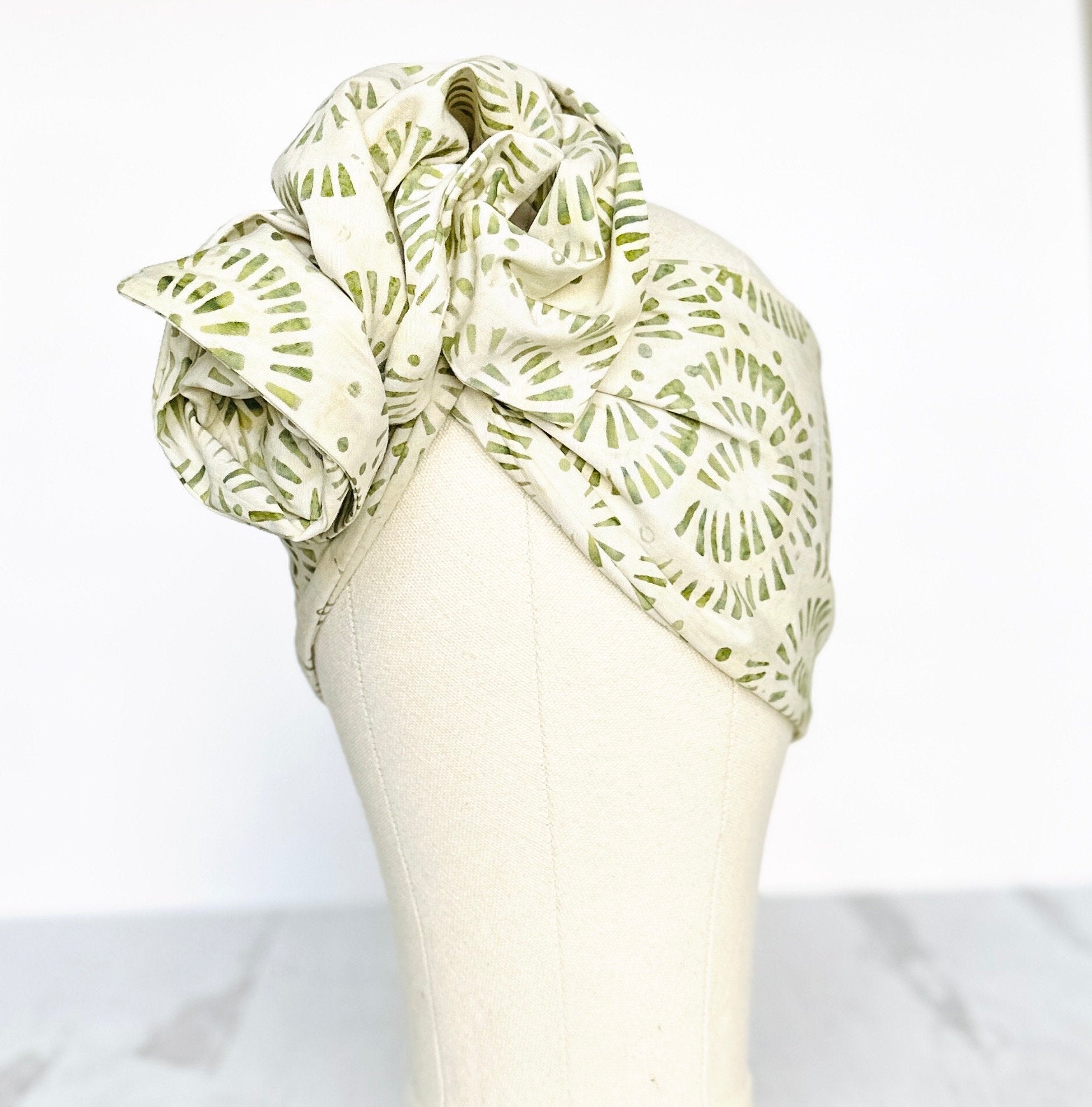 Extra Long Wide Adjustable Wire Wrap Batik Headband, Light Beige & Green, Wired Headband, Head Wrap, Hair Tie, Accessories, Turban, Women