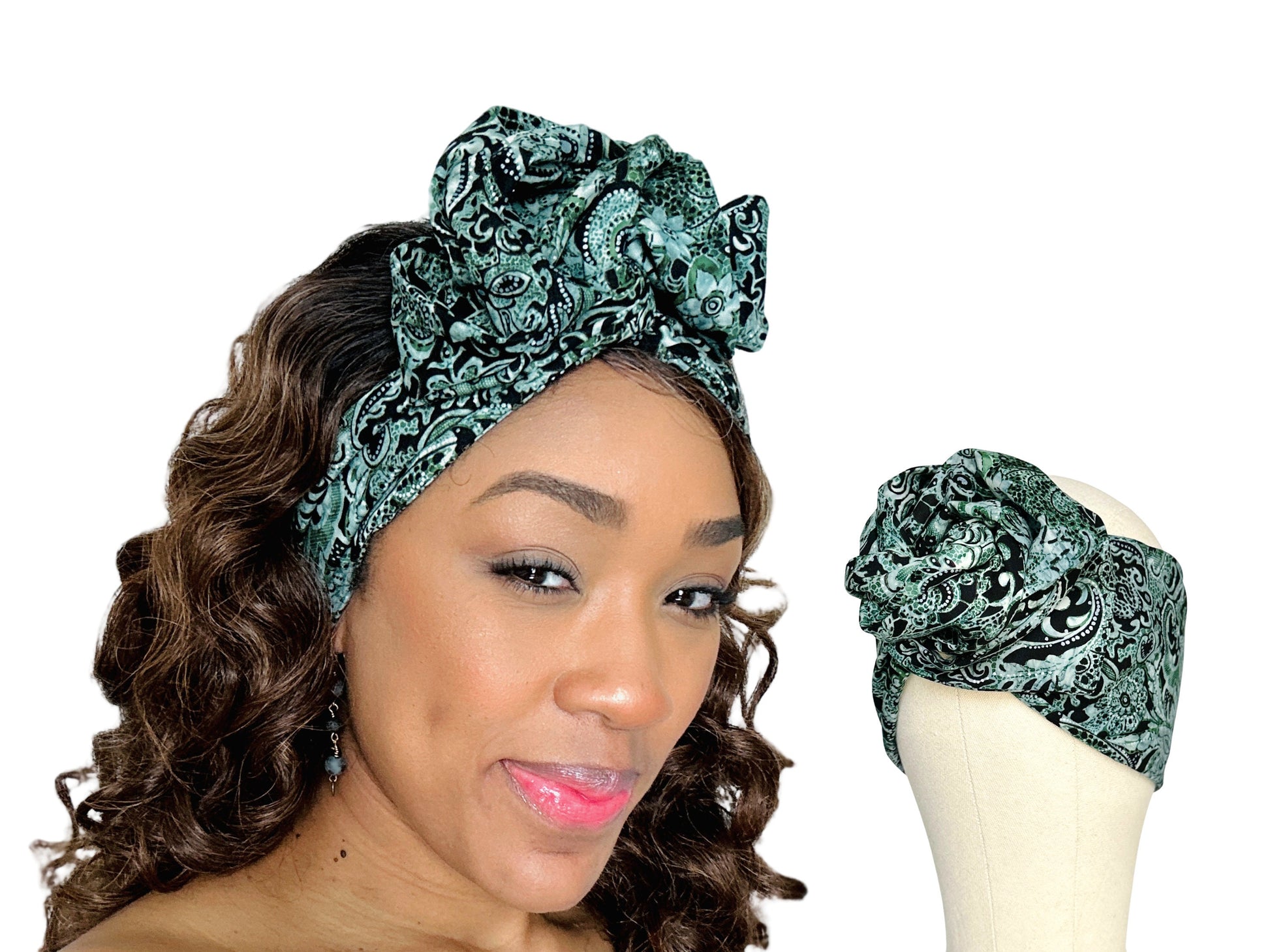 Extra Long & Wide Wire Adjustable Wrap Head Wrap, Green Abstract Floral Print, Wired Headband, Turban, Accessories For Women